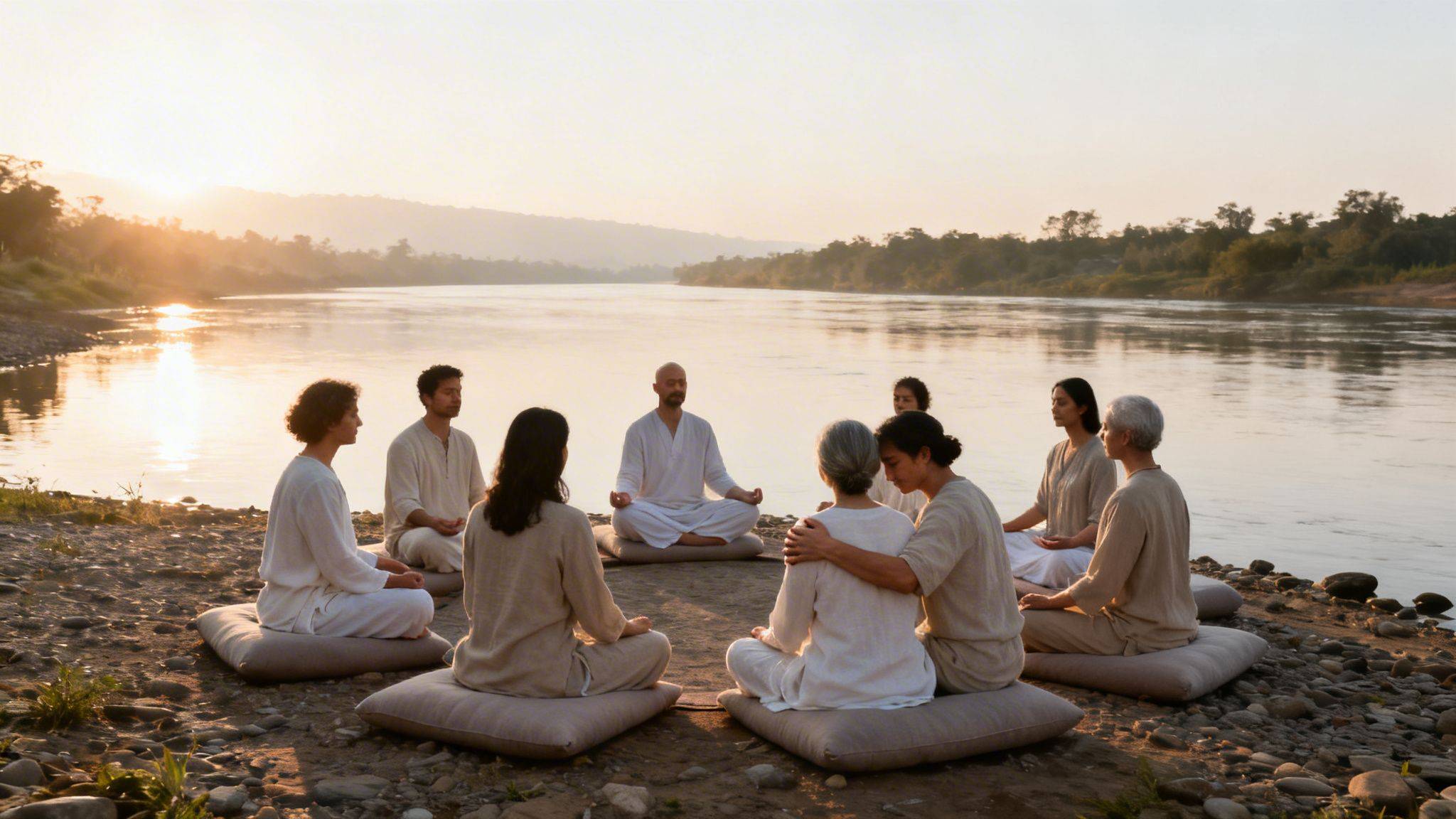 A diverse group of people meditating peacefully by a wide river at sunset.