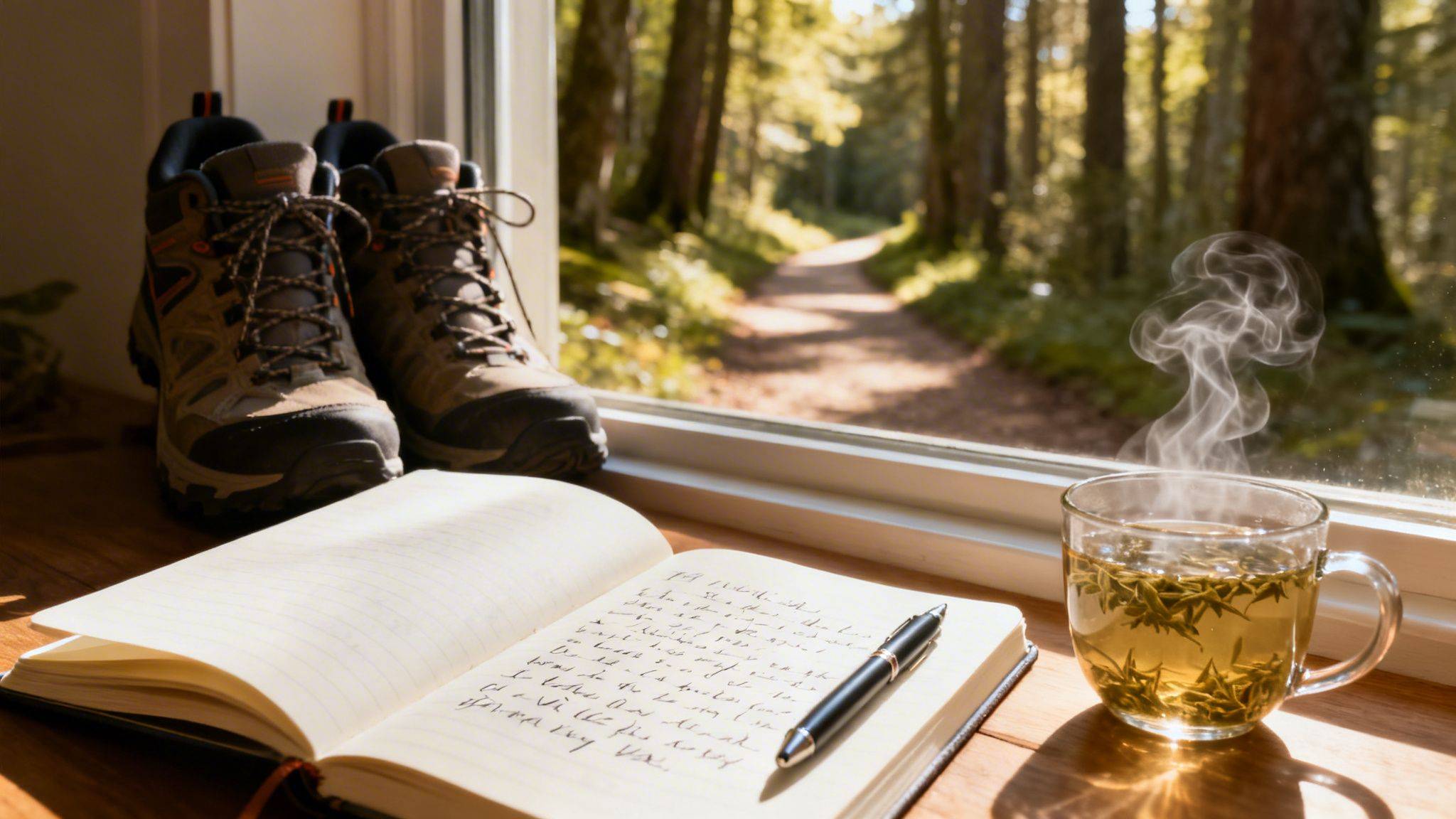 Hiking boots, an open journal, and a steaming cup of tea by a window with a forest view.
