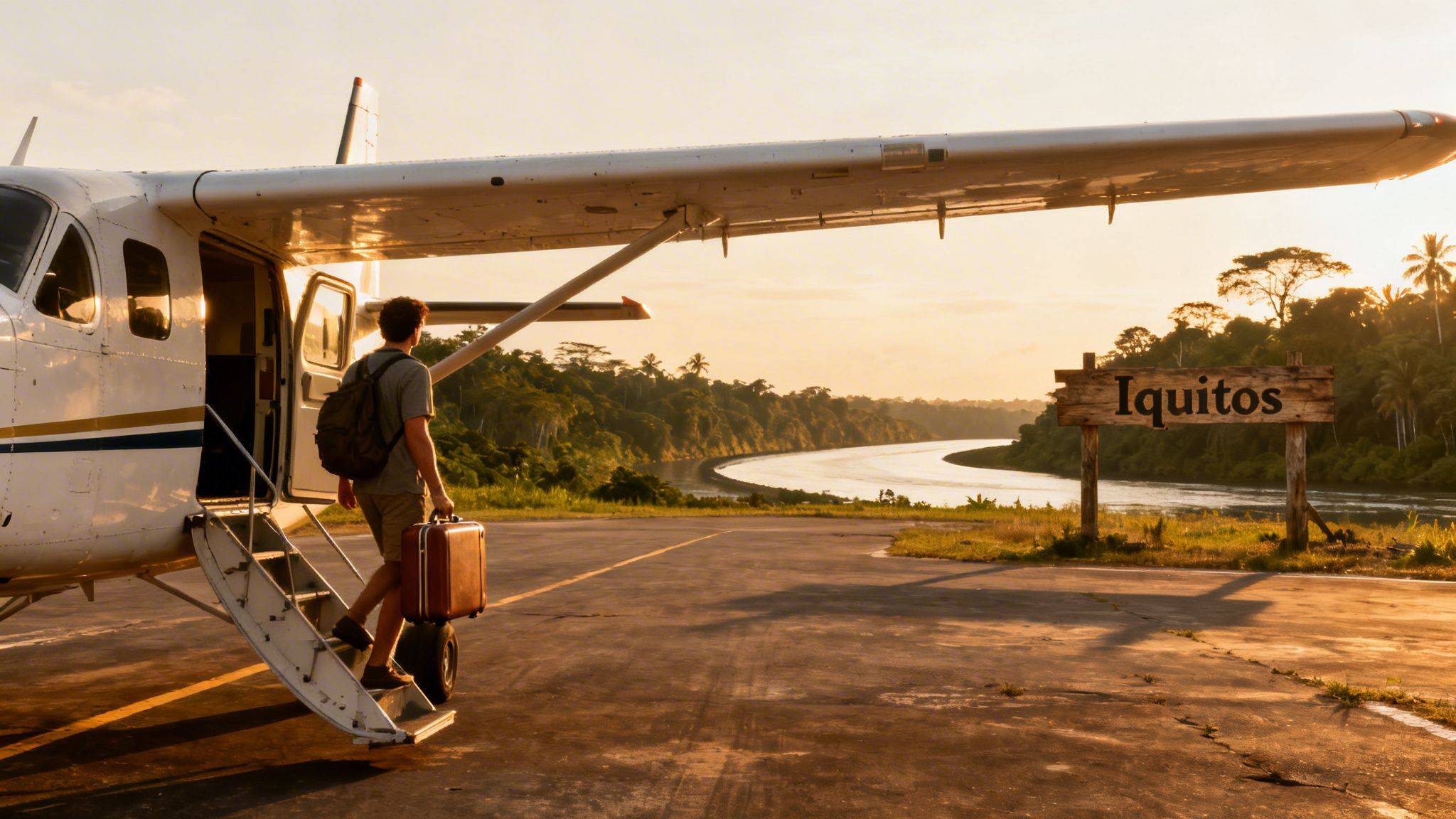 Man with backpack and suitcase exiting a small plane in Iquitos, jungle river at sunset.