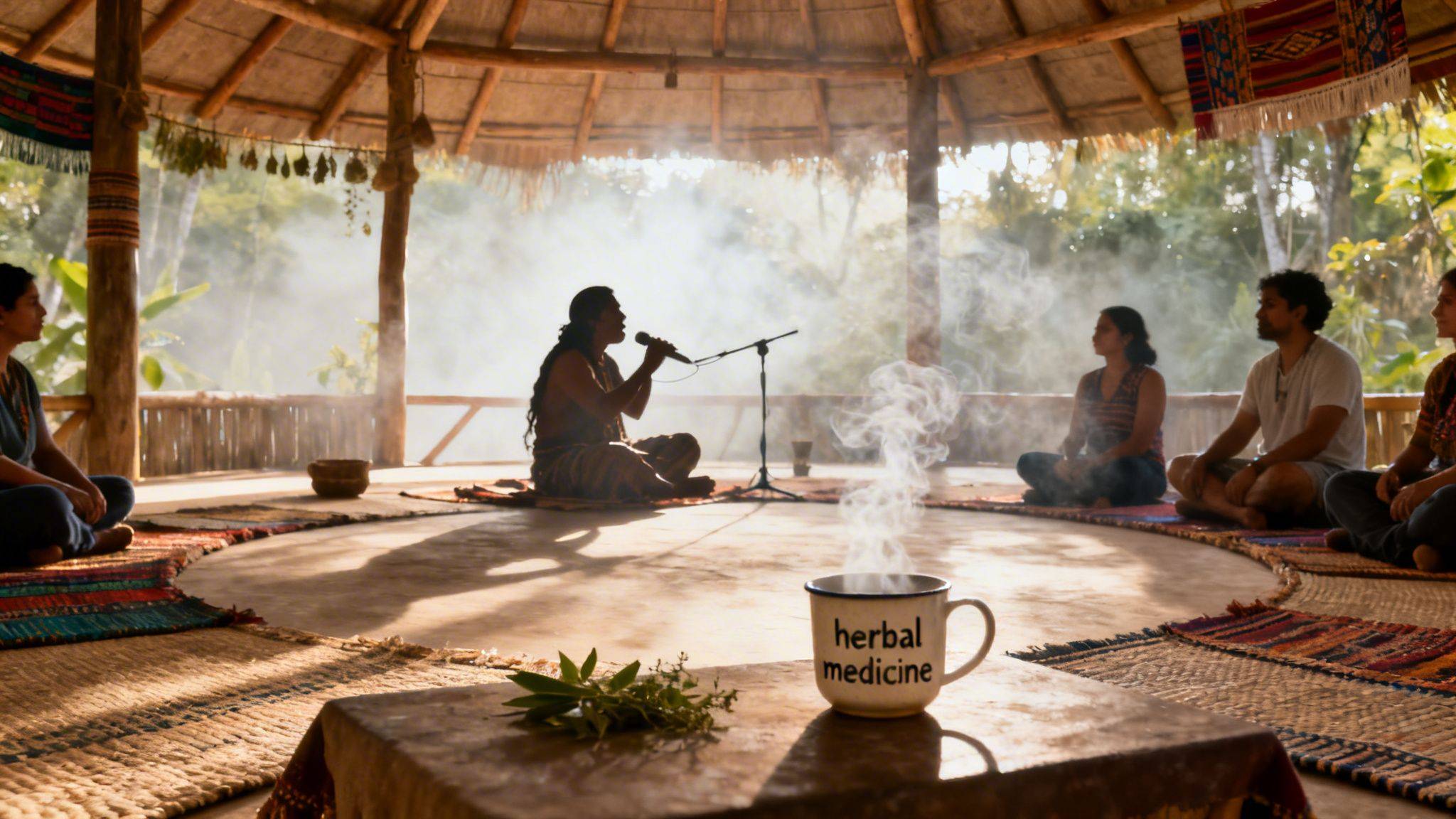 A shaman leads a spiritual ceremony in a round, open-air hut, with attendees and steaming herbal medicine.