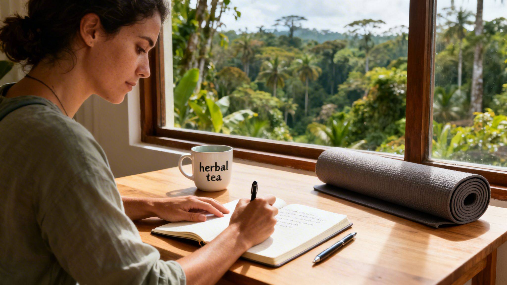 A woman writes in a journal at a wooden desk by a window overlooking a lush jungle, with herbal tea and a yoga mat.