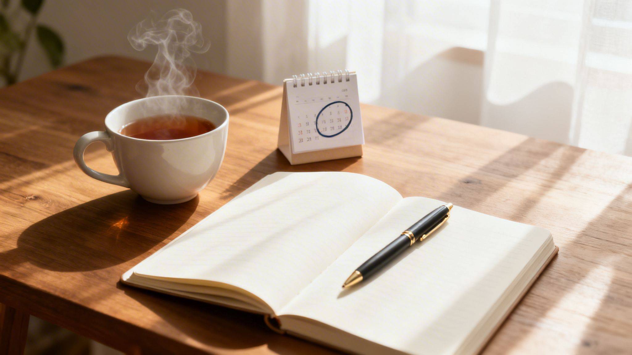 Steaming tea, an open notebook with a pen, and a calendar on a sunny wooden desk.