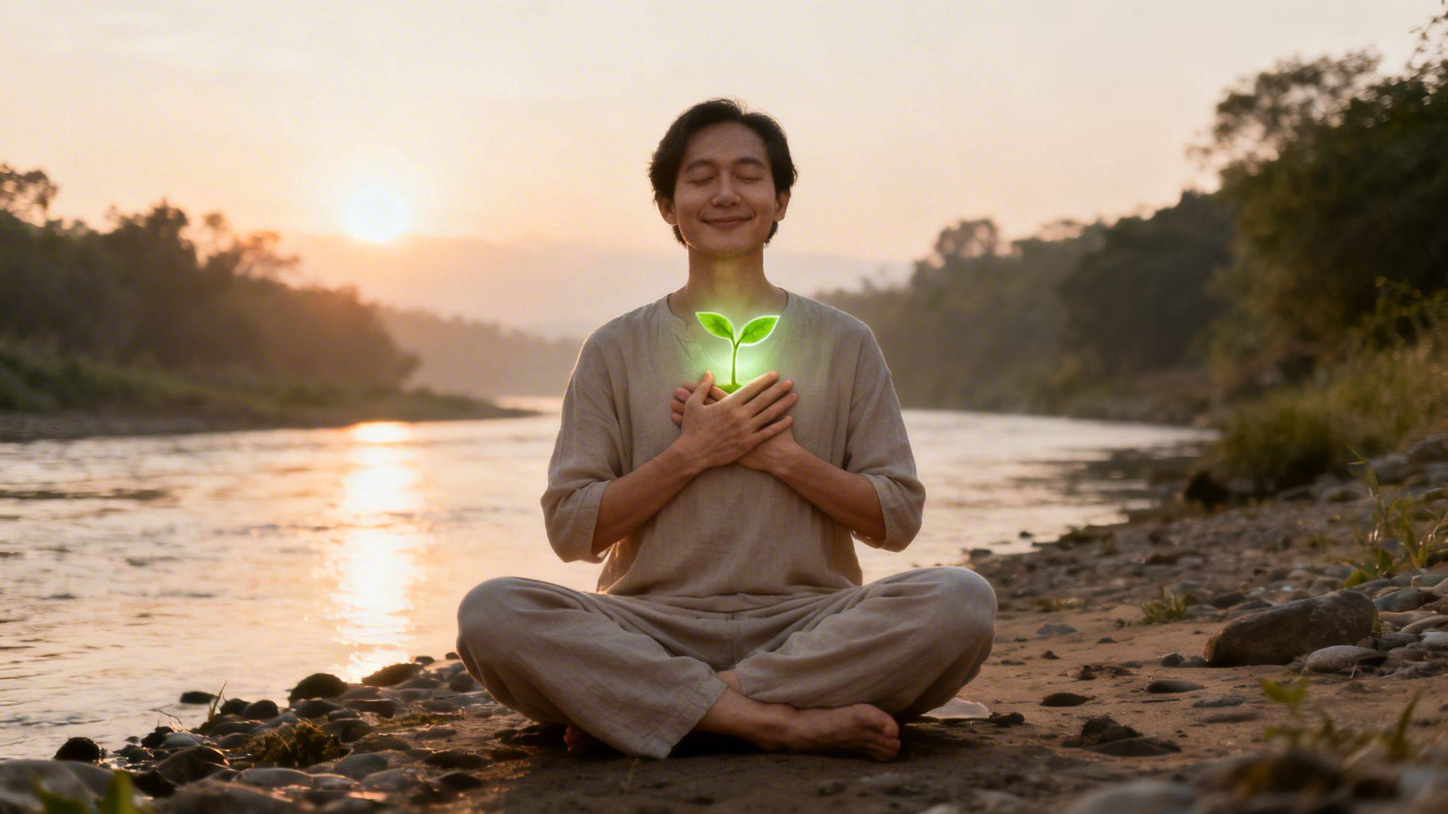 A person meditating by a river at sunset, with a glowing green sprout over their heart.