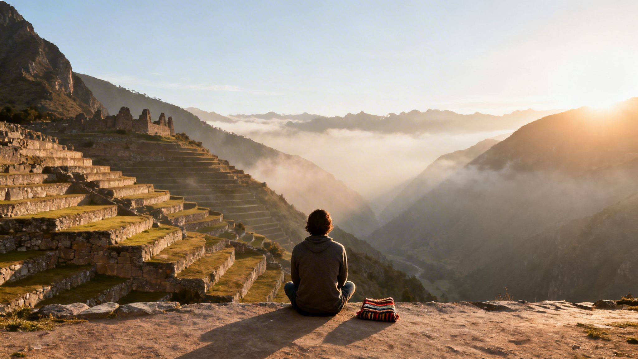 Person meditating overlooking ancient Inca terraces and a misty Andean valley at sunrise.