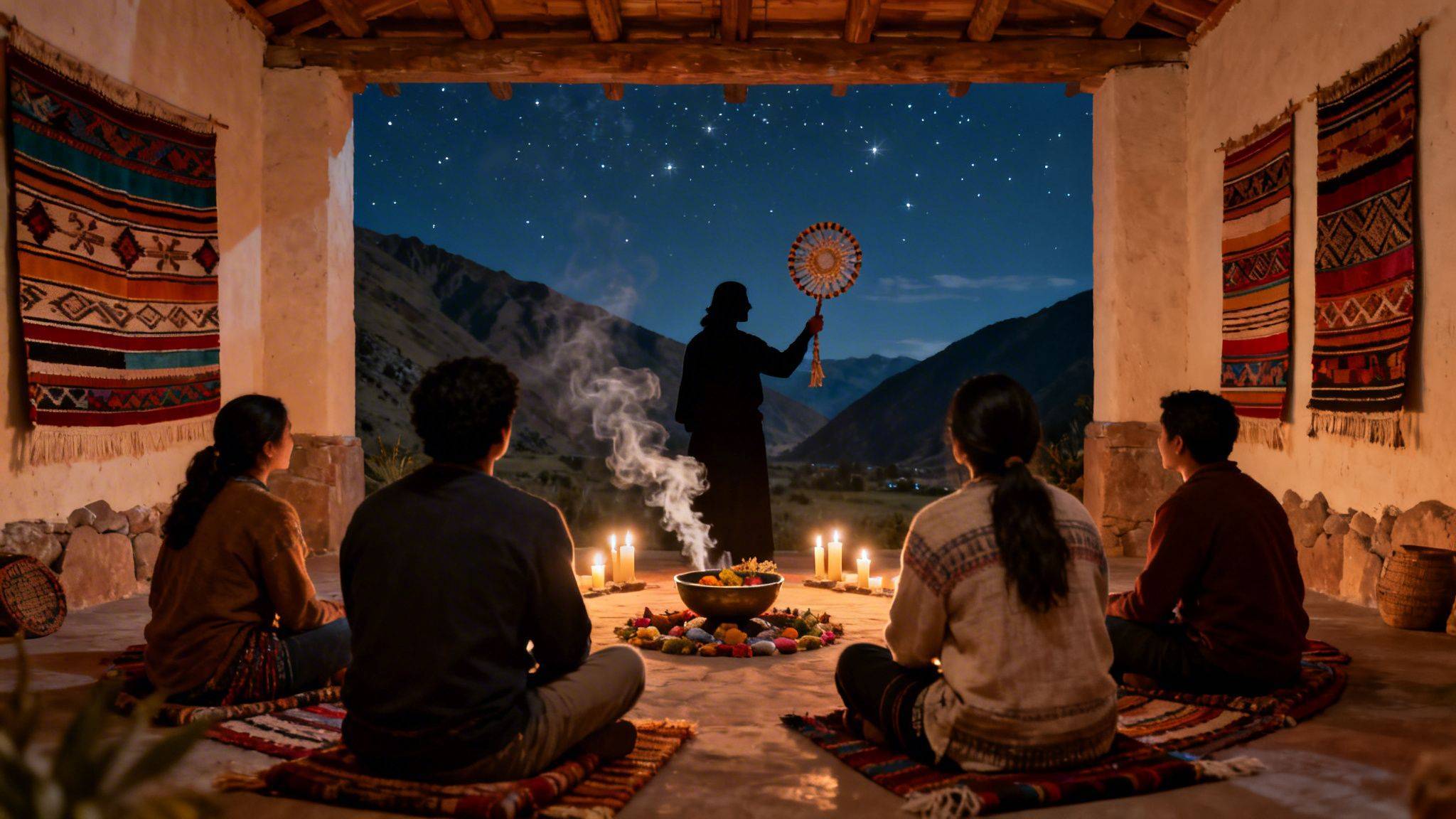 Group participating in a spiritual ceremony at night, with a shaman, candles, and offerings under a starry mountain sky.