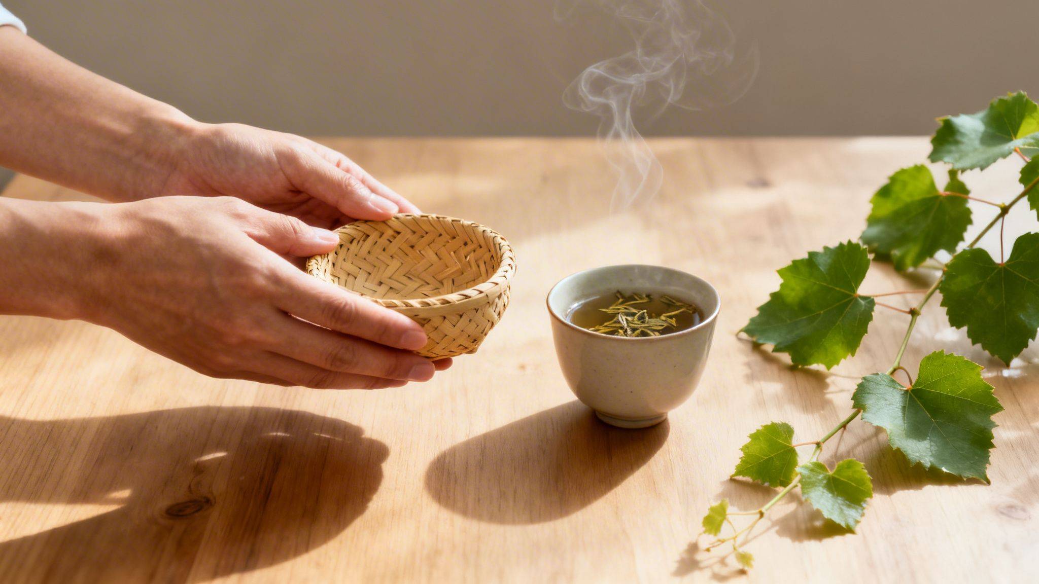 Hands holding a woven bamboo basket next to a steaming cup of green tea on a wooden table.