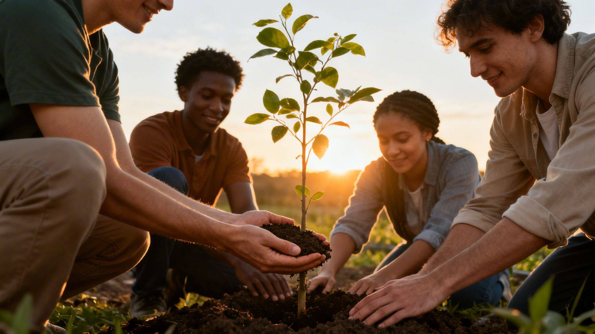 Diverse group of young people planting a tree seedling in soil during a beautiful sunset.
