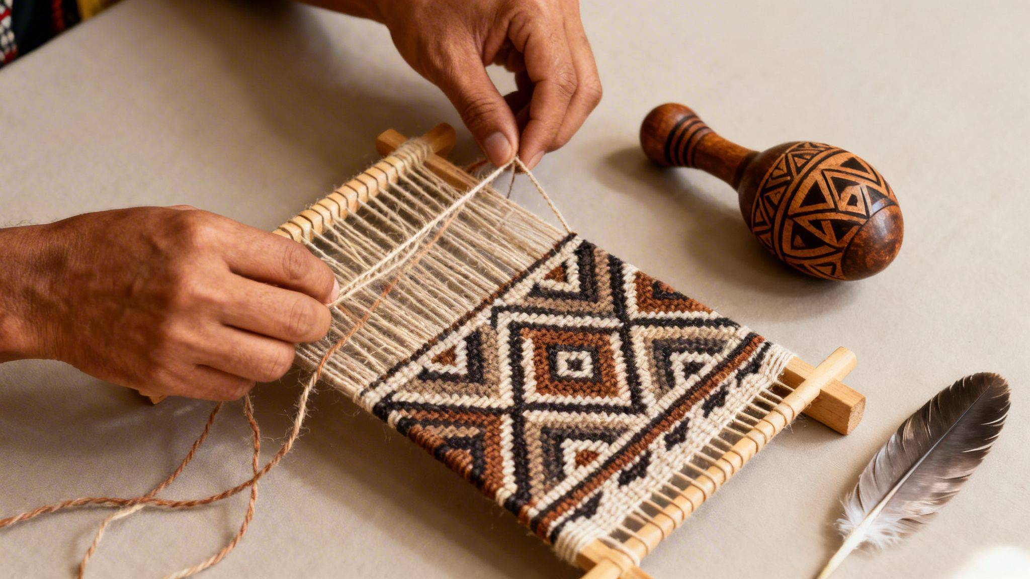 Hands meticulously weaving a traditional patterned textile on a small wooden loom, with cultural items nearby.