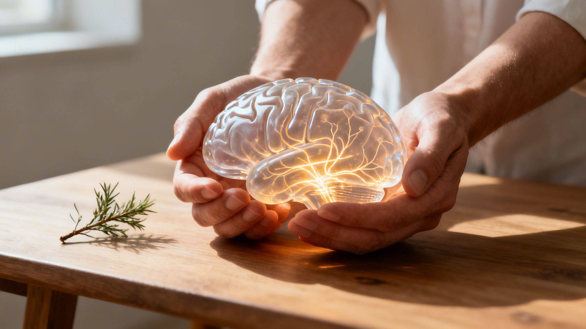 Hands gently cup a glowing, translucent brain model, symbolizing mental health, intelligence, and care.