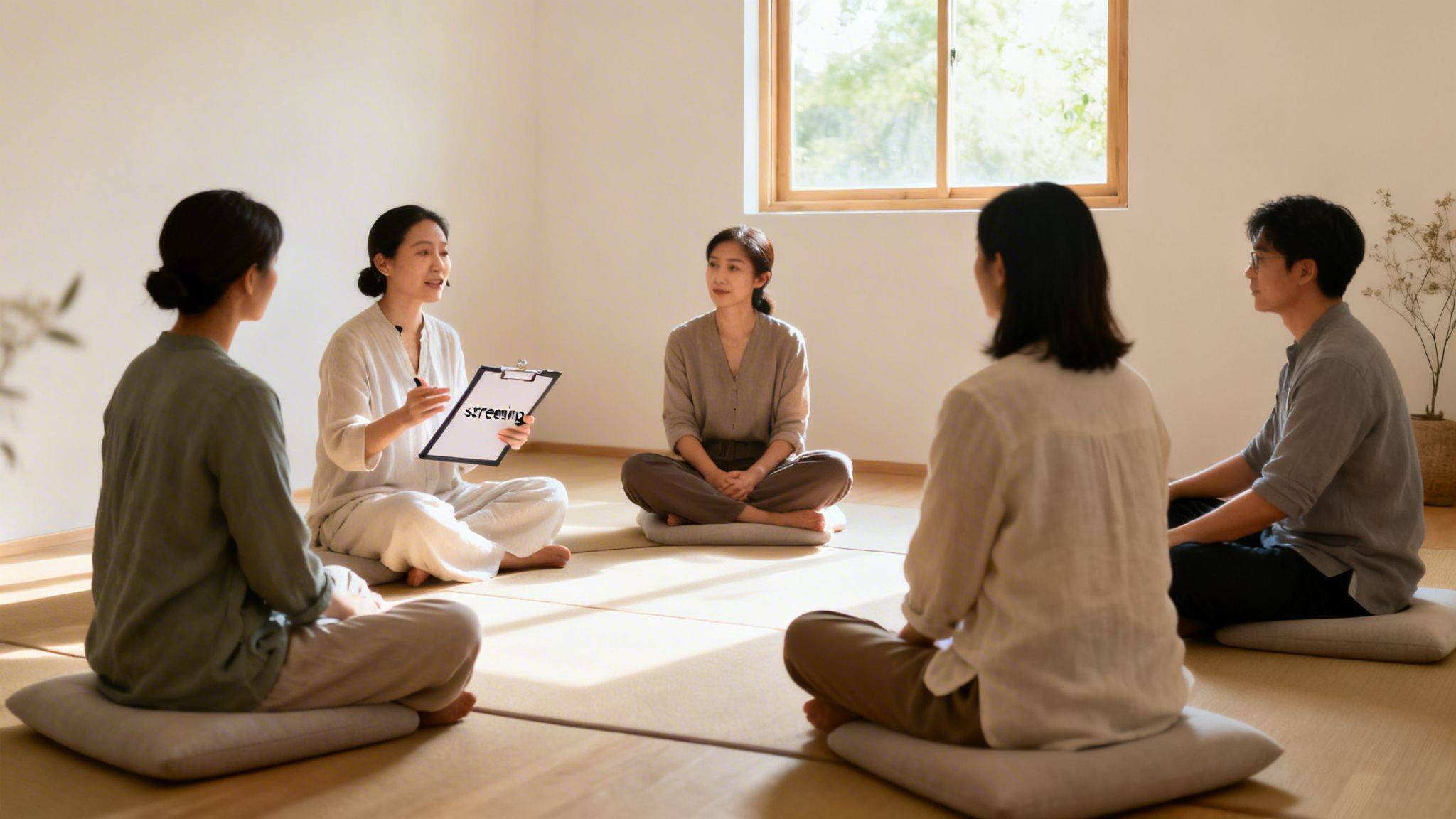 Five people, including a woman holding a 'screening' clipboard, sit on cushions in a serene group session.