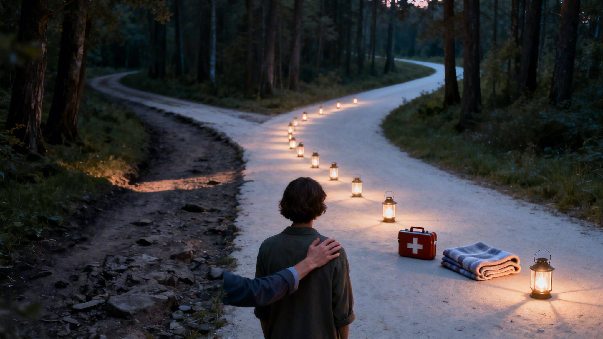 Person at a forest path fork, guided toward a lantern-lit road with a first-aid kit and blanket.