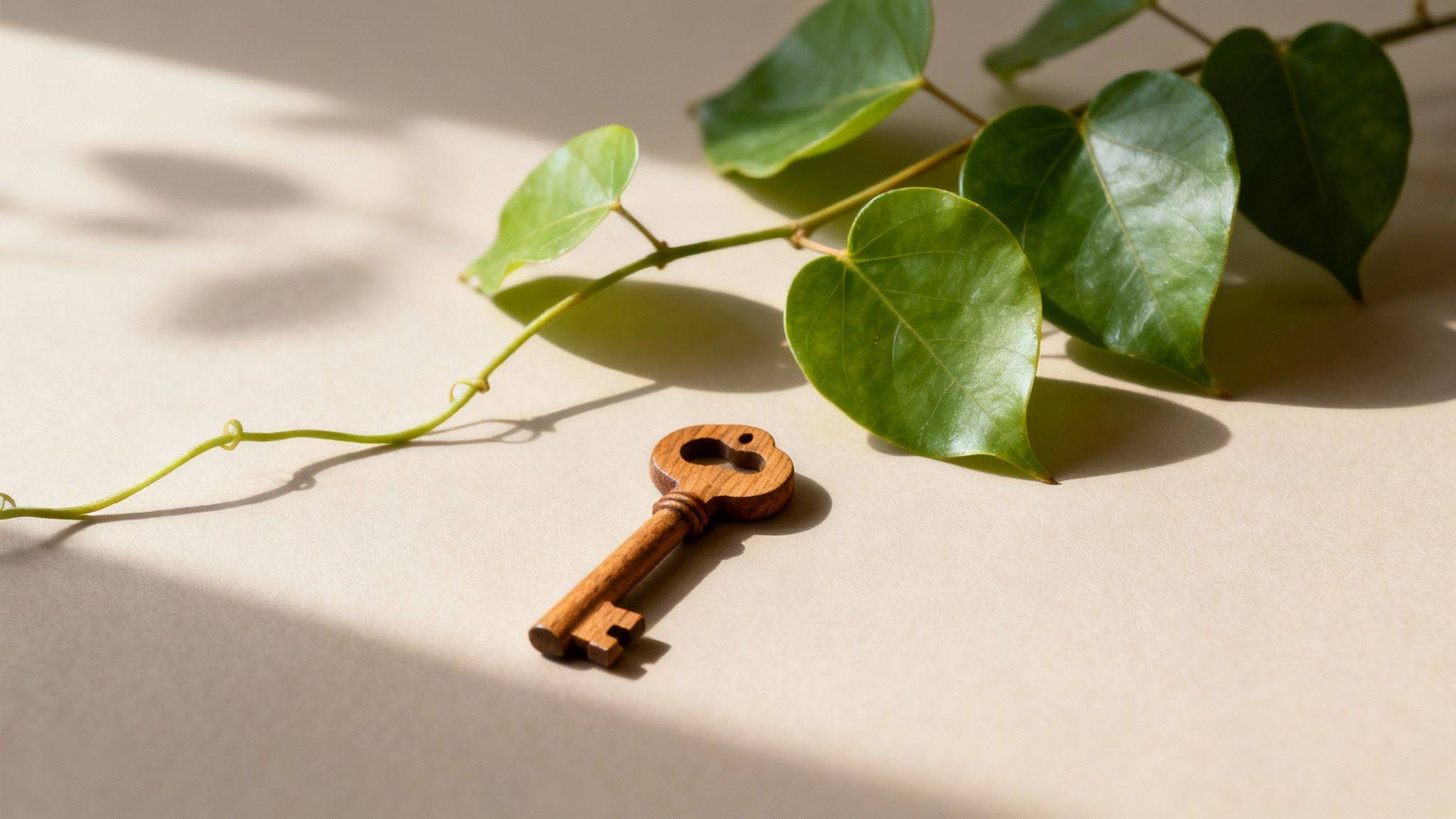 A small wooden key lies on a beige surface next to a green vine with heart-shaped leaves.