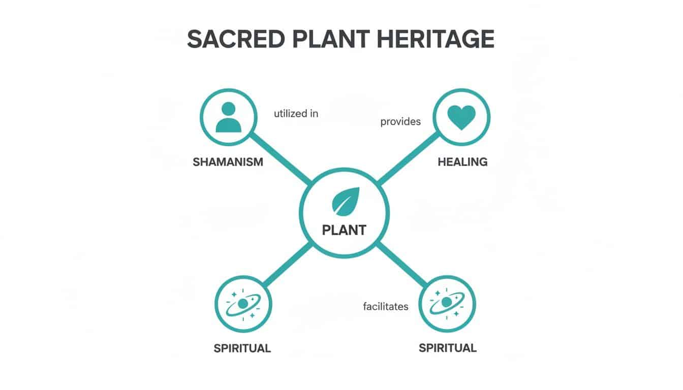 A mind map illustrating sacred plant heritage, connecting plants to shamanism, healing, and spiritual practices.