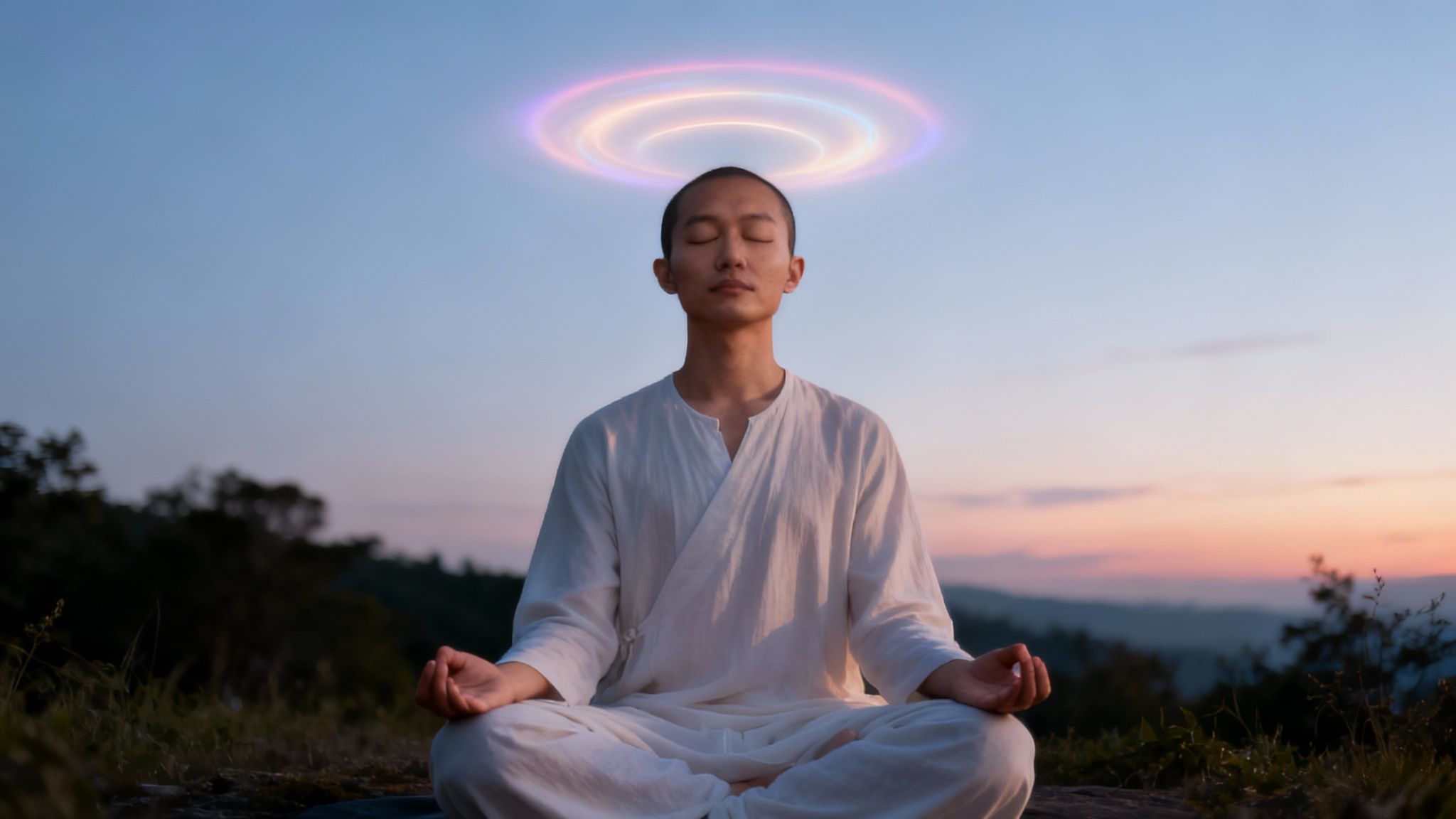 A person in white meditates outdoors at dusk, with a glowing spiritual halo above their head.