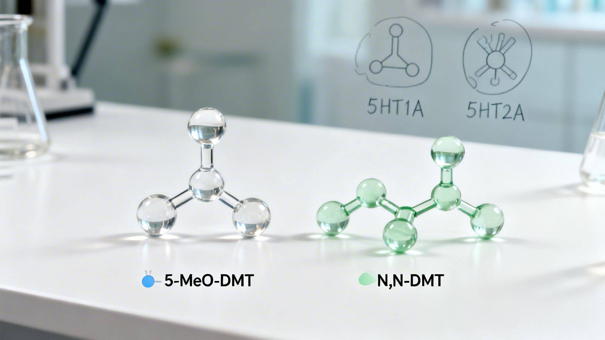 Molecular models of 5-MeO-DMT and N,N-DMT on a lab bench, with 5HT1A and 5HT2A diagrams.