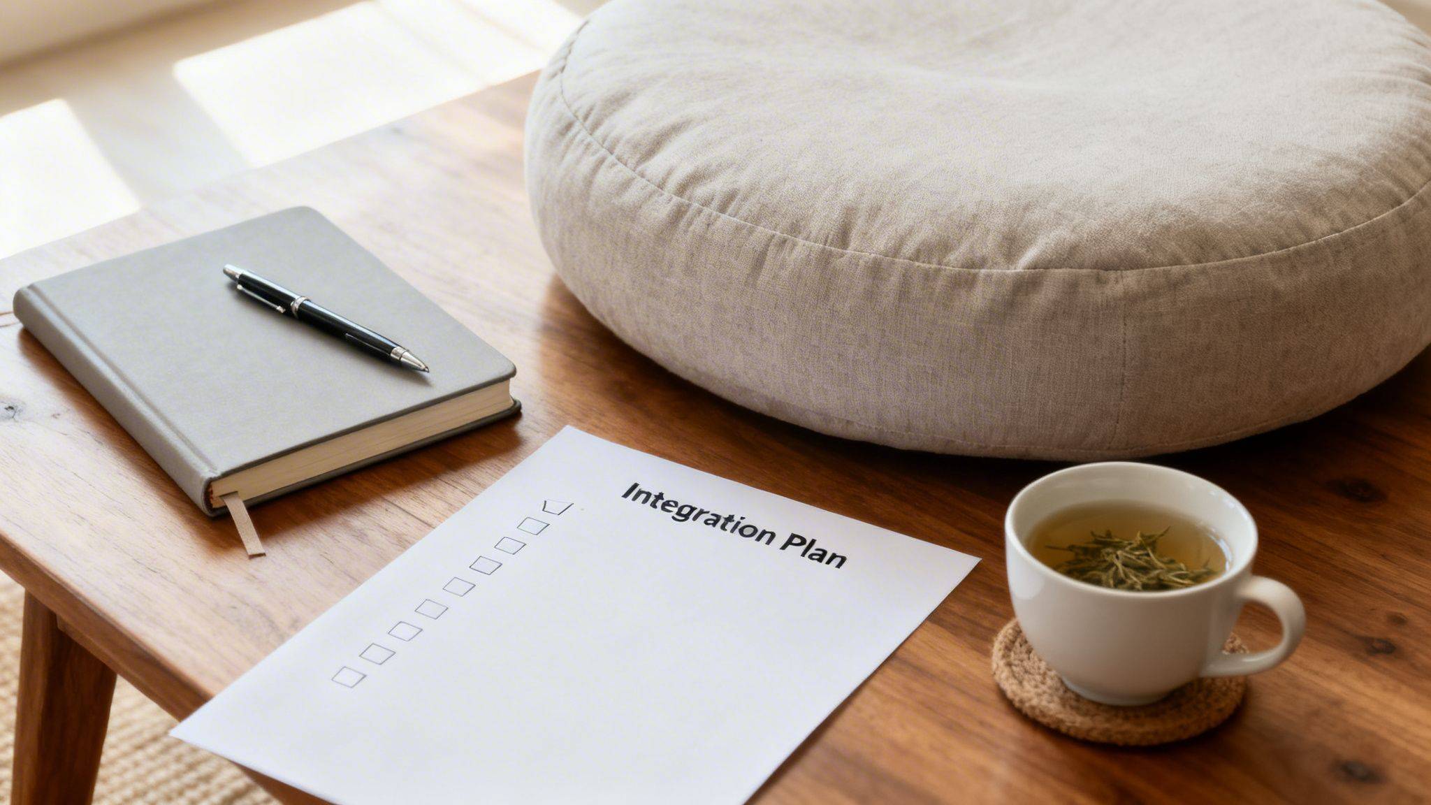 A wooden table with a notebook, pen, a document titled 'Integration Plan,' a cushion, and a mug of tea.