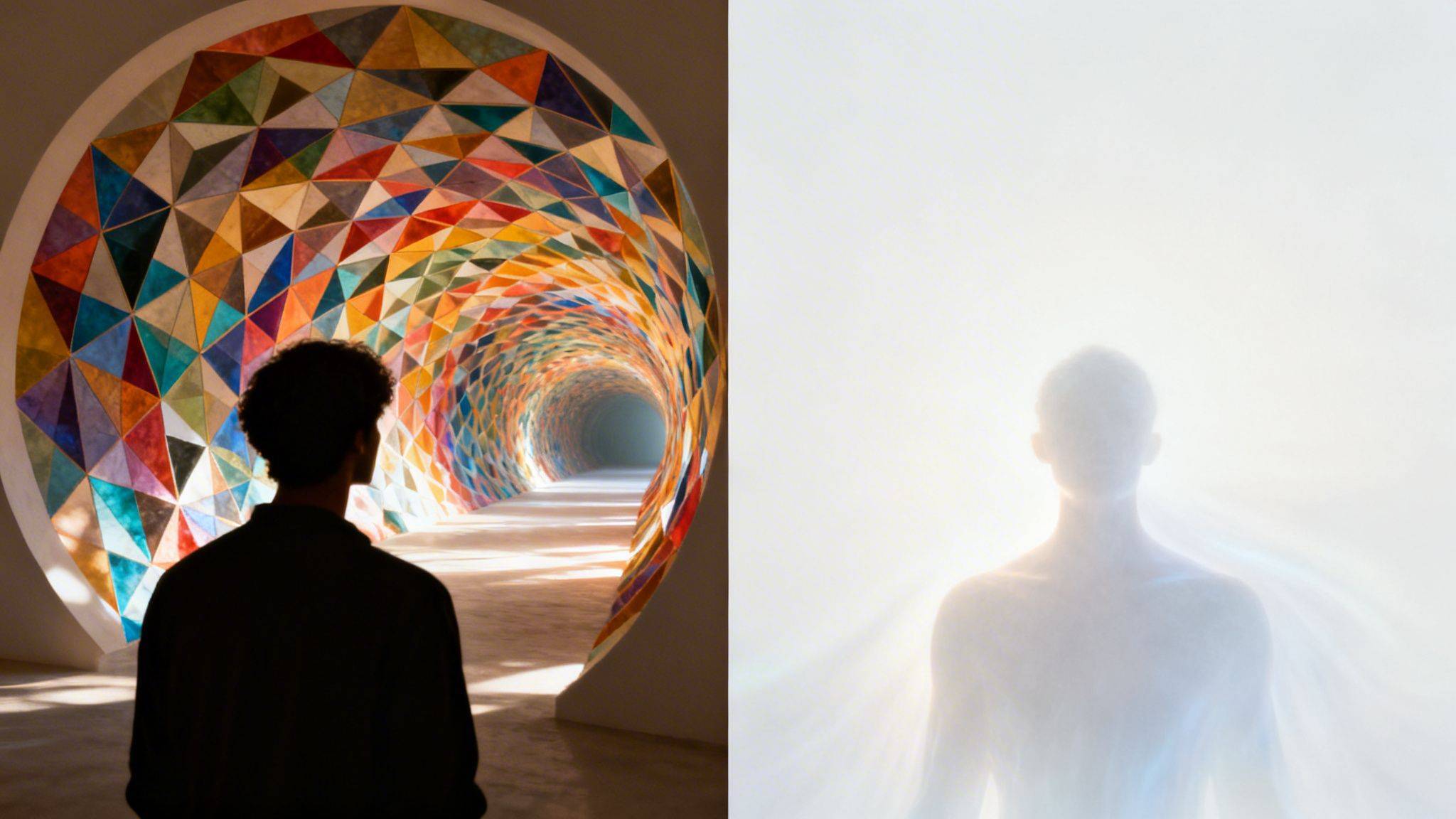 A person looks into a colorful, geometric tunnel, beside a glowing, ethereal human figure.
