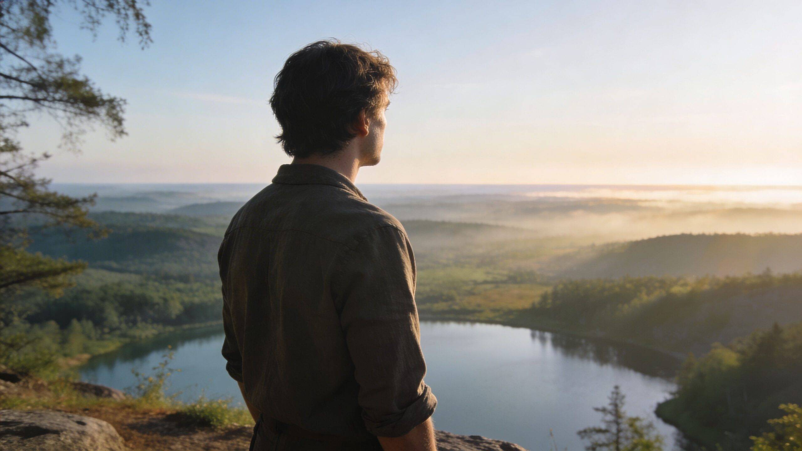 A man standing on a cliff edge looking over a misty lake at sunrise during a peaceful journey.