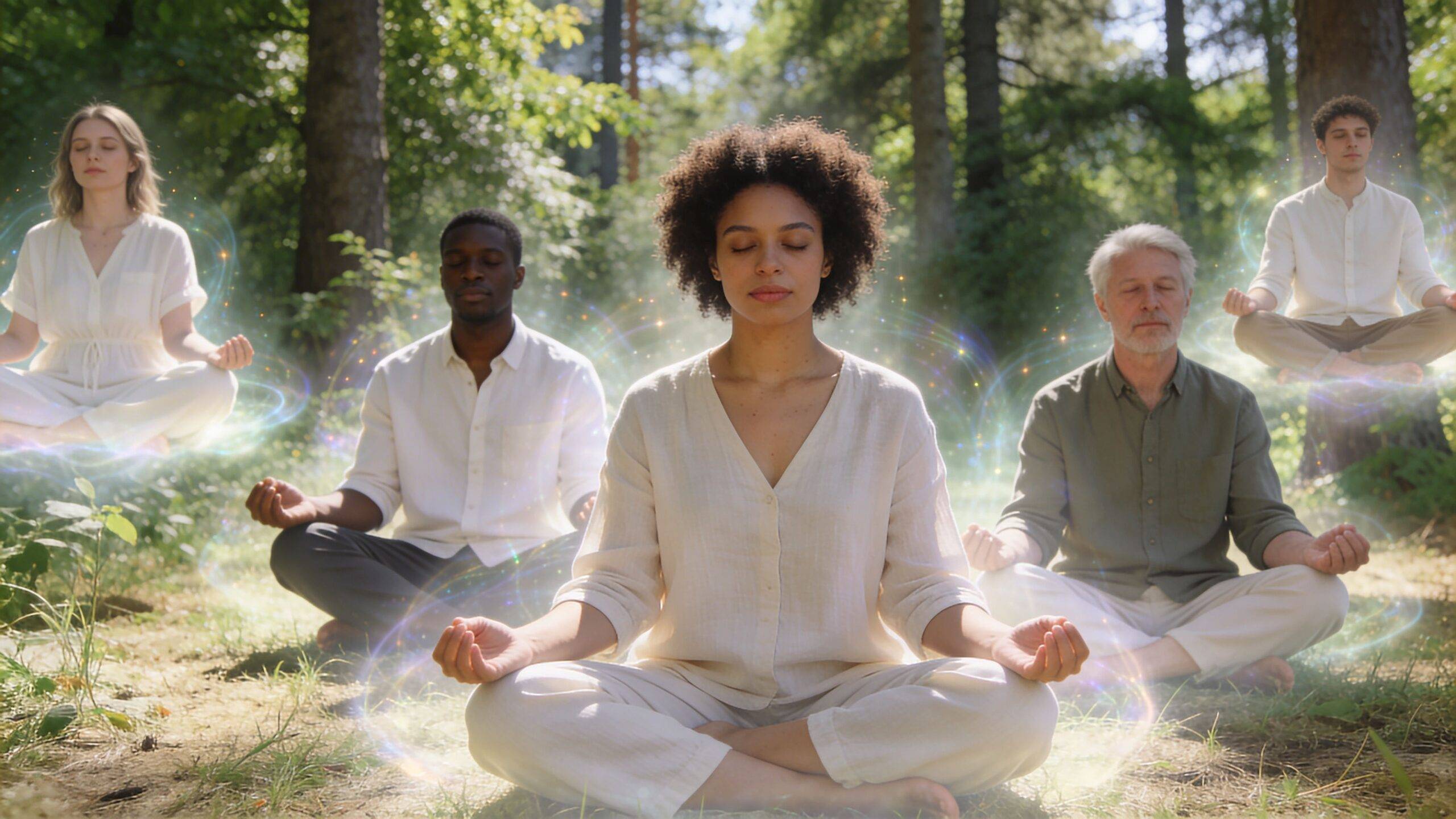 A diverse group of people meditating in a peaceful forest setting with ethereal glowing light effects.
