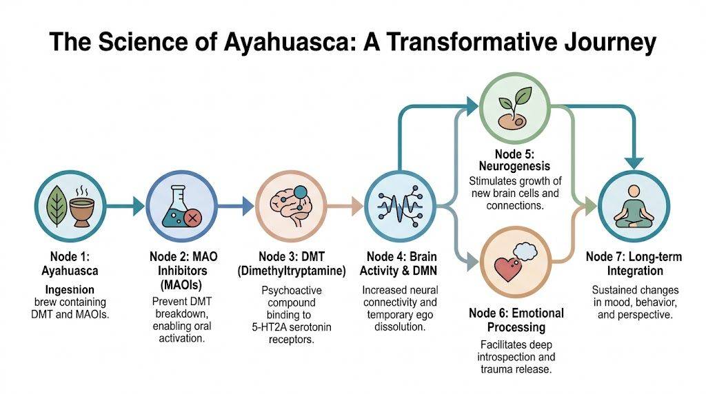 An infographic diagram illustrating the biological process and transformative effects of ayahuasca on the human brain. Healing with Ayahuasca