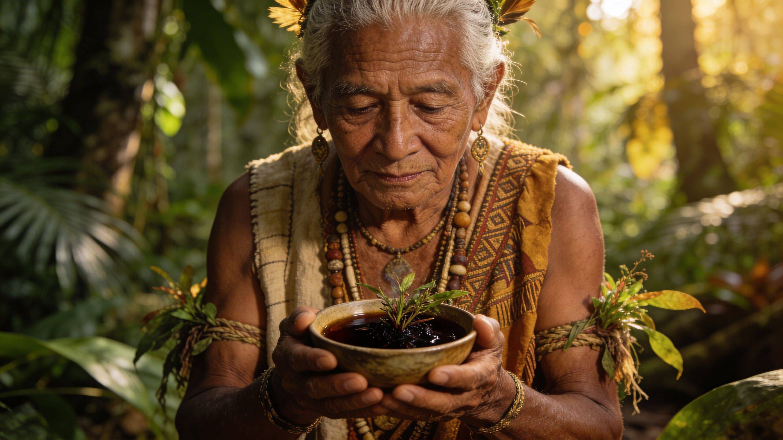 An indigenous shaman holding a traditional ceremonial bowl filled with an ayahuasca medicinal brew in the rainforest.
