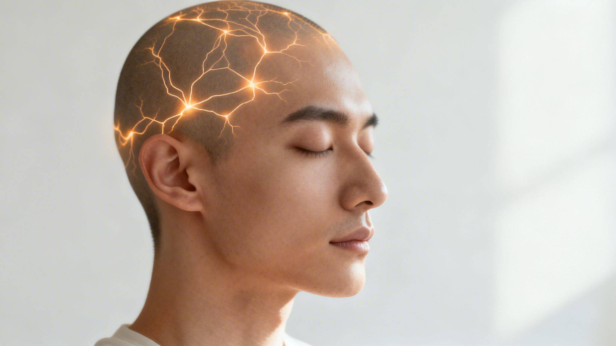 Profile of a calm person with glowing neural patterns on their head, symbolizing thought.