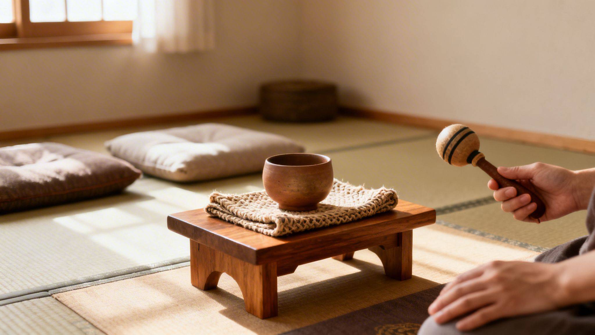 Person meditating in a sunlit Japanese room, holding a rattle next to a traditional tea cup on a low wooden table.