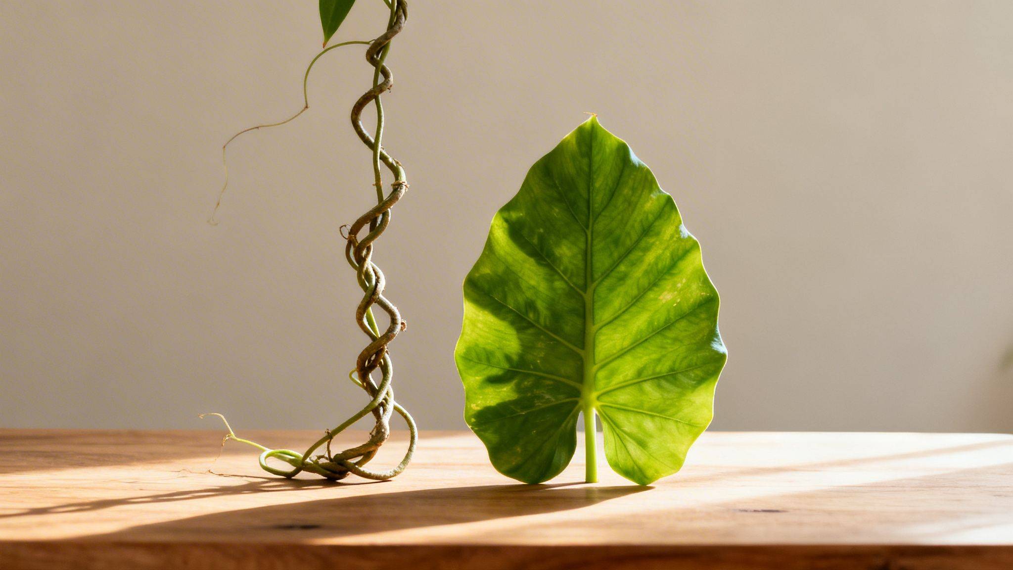 A twisted plant vine stands next to a large green leaf on a sunlit wooden table.