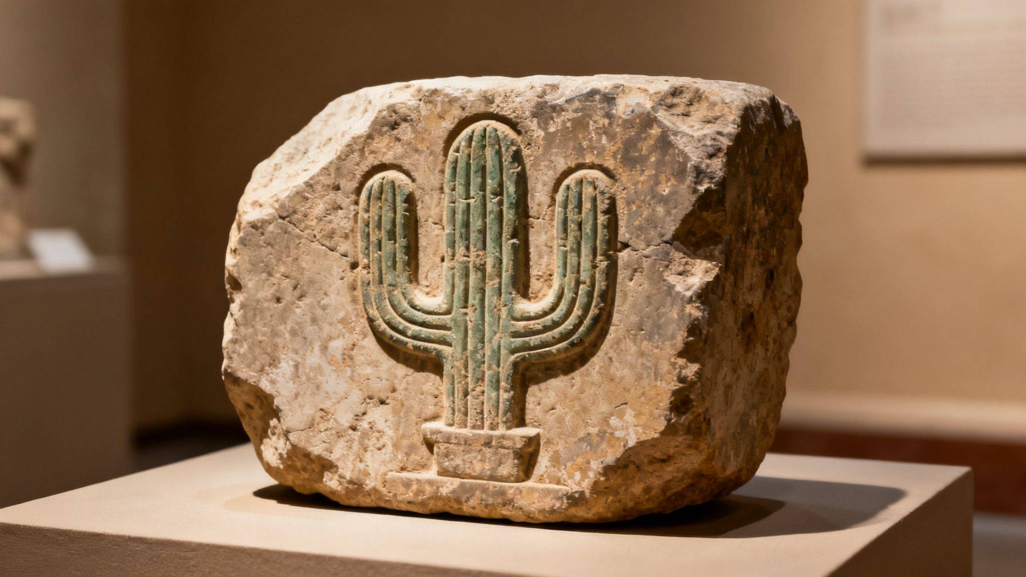 A weathered stone relief carving of a stylized green saguaro cactus displayed on a museum pedestal.