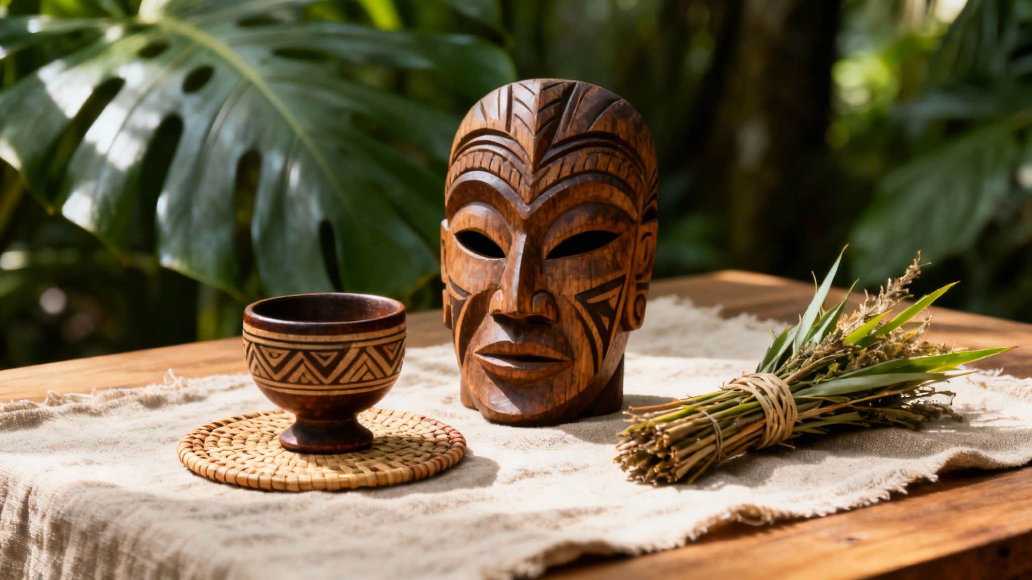 Traditional wooden mask, decorated cup, and bundled herbs on a wooden table, jungle background.