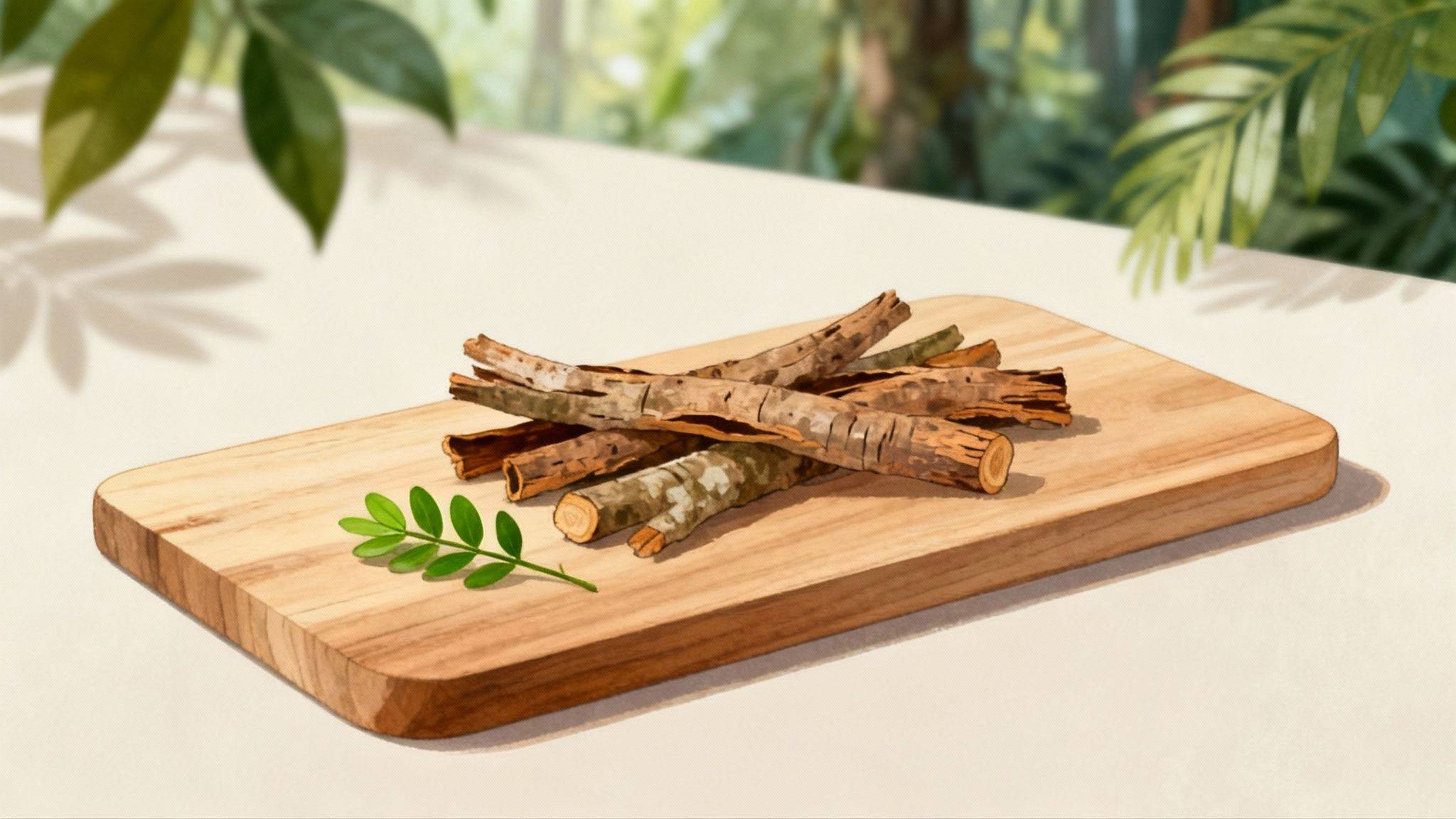 Dried iboga root bark pieces and a green sprig on a wooden board, natural setting.