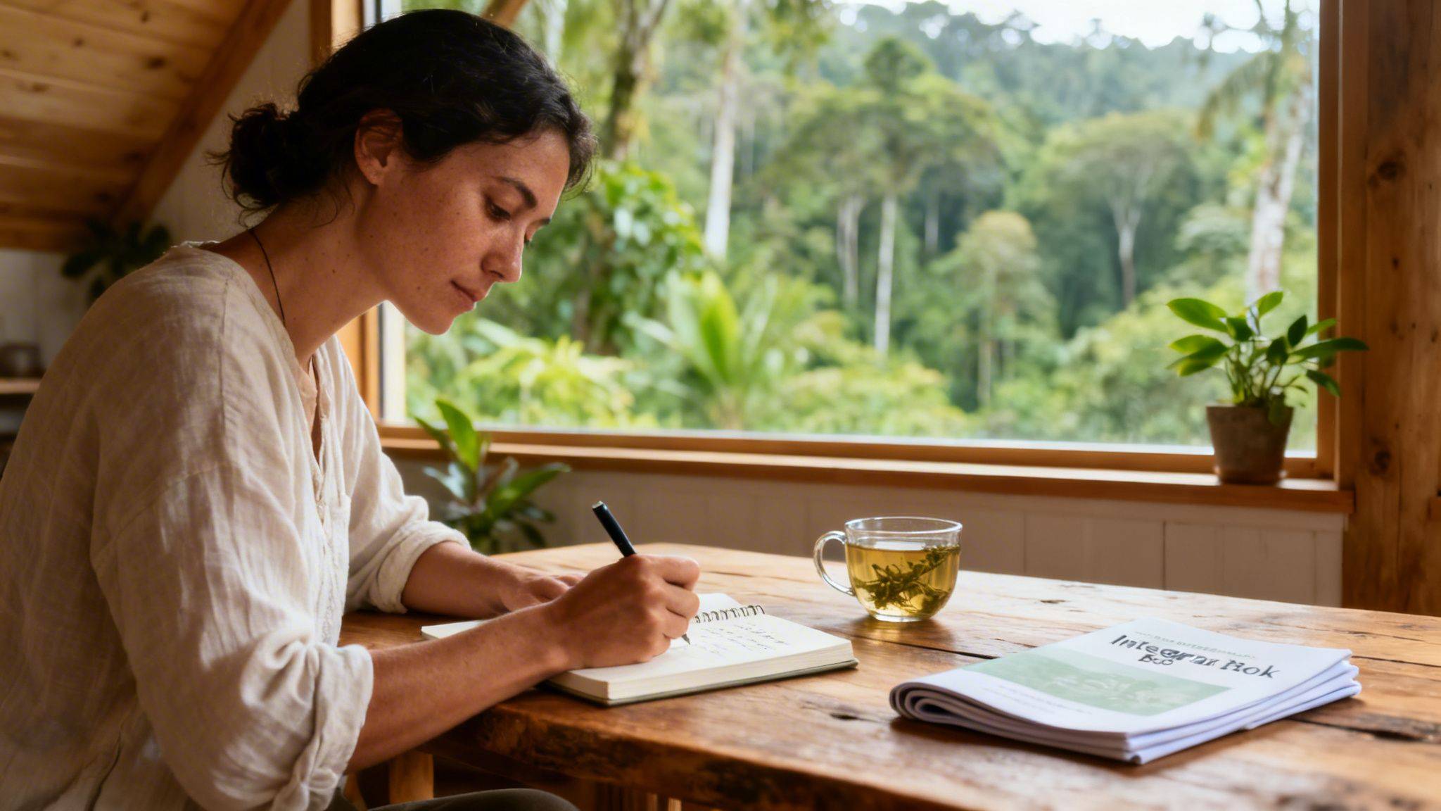 A woman writes in a notebook at a wooden table with a cup of tea and a lush forest view.