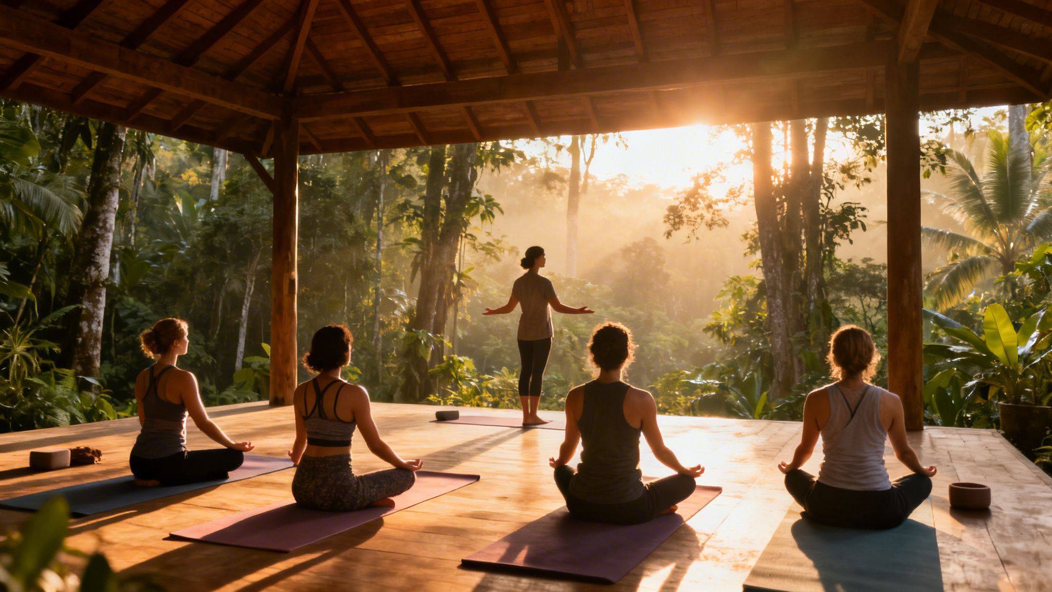 Women practicing yoga and meditation at a serene outdoor retreat in a lush tropical forest at sunrise.