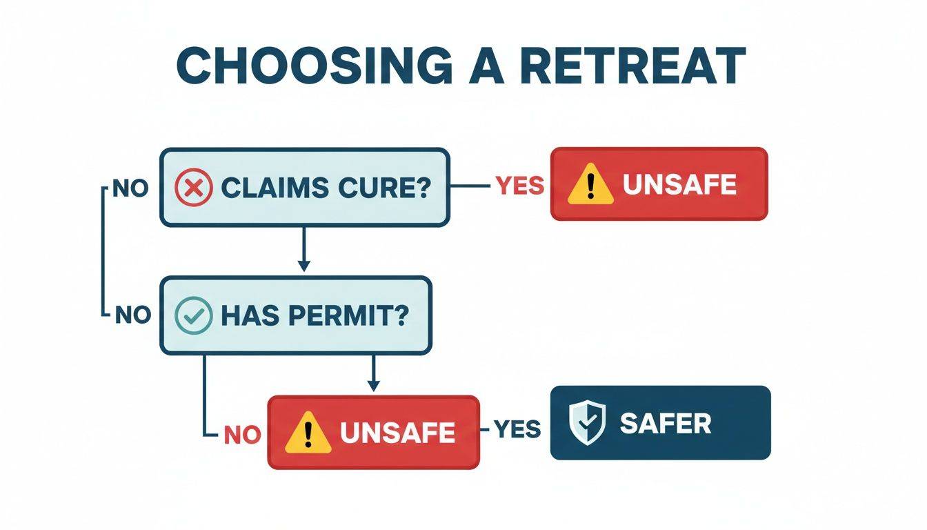 Flowchart for choosing a retreat, assessing safety based on cure claims and permits. Is Ayahuasca Legal in Costa Rica