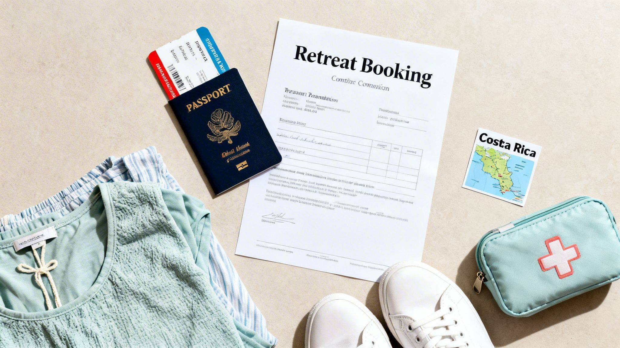 Flatlay of travel essentials including a passport, boarding passes, 'Retreat Booking' document, Costa Rica map, first aid kit, clothes, and sneakers.