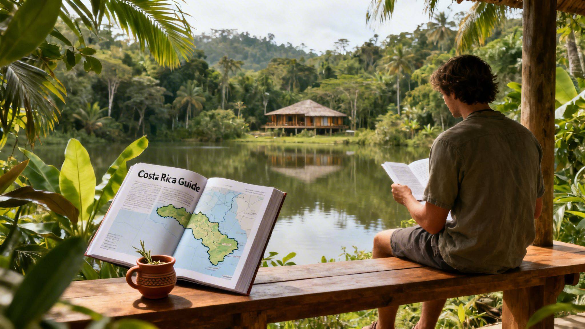 A person reading on a wooden bench by a tropical lake with a Costa Rica guide book.