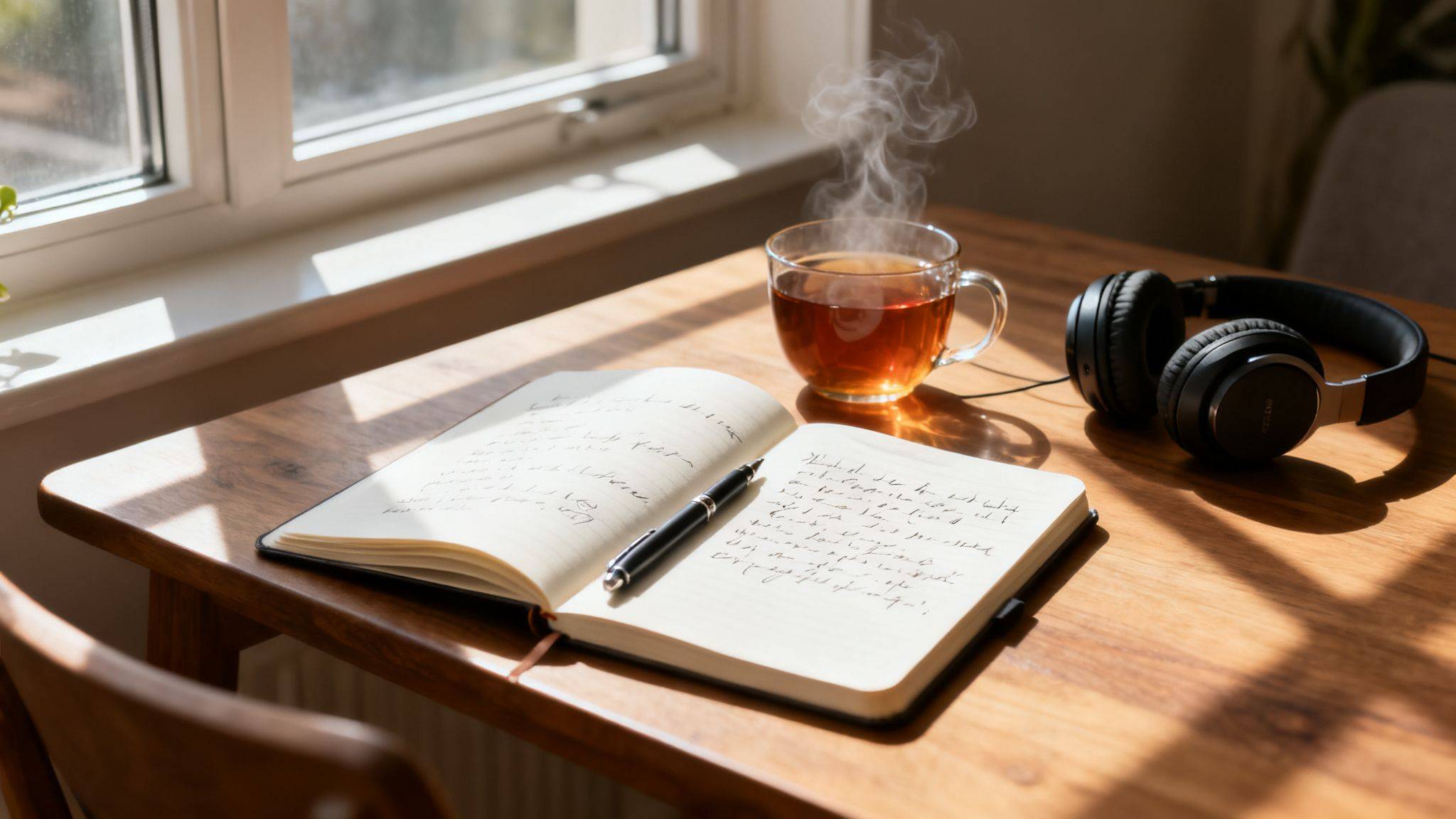 An open notebook with a pen, a steaming cup of tea, and headphones on a sunlit wooden desk.