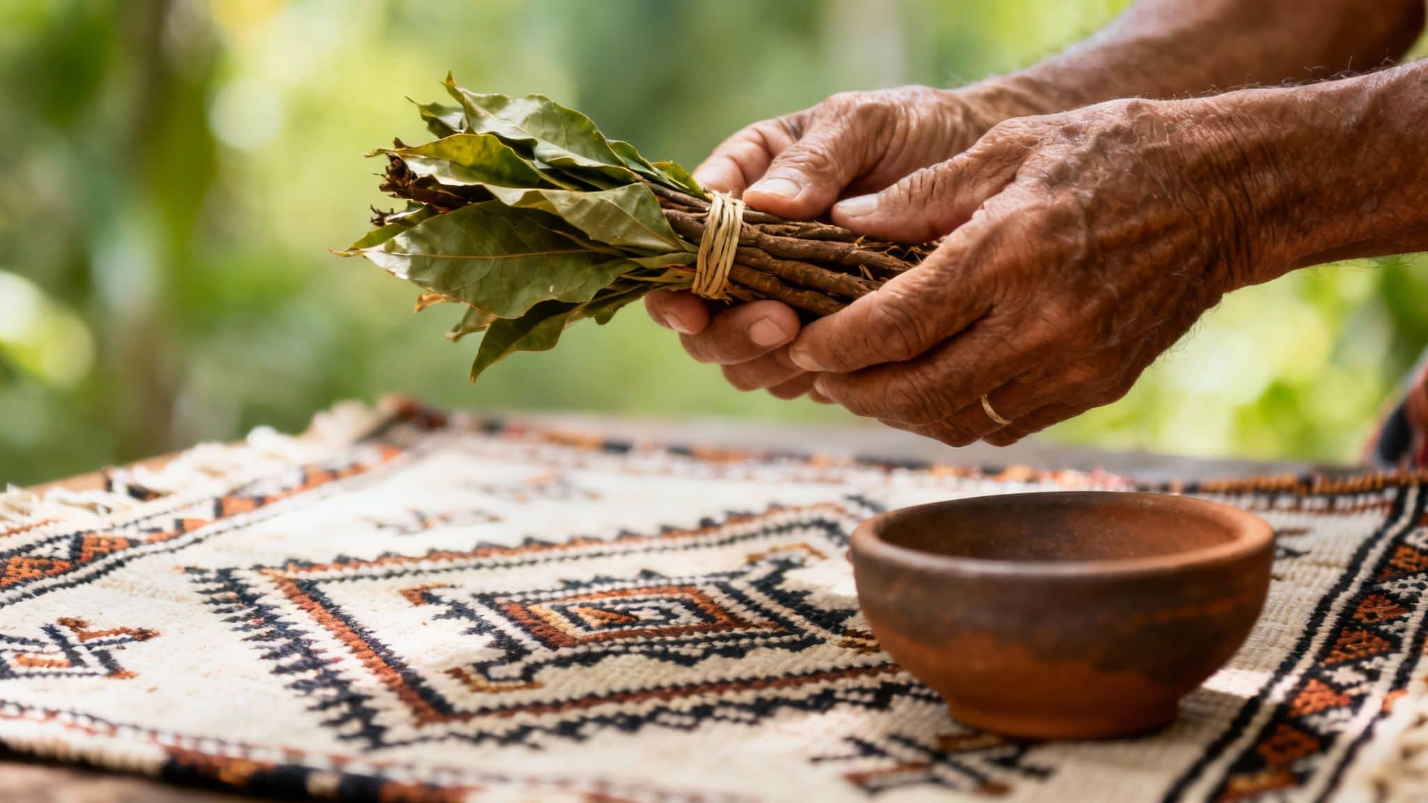 A close-up of aged hands holding a bundled stack of green leaves and brown sticks over a patterned textile and a clay bowl.