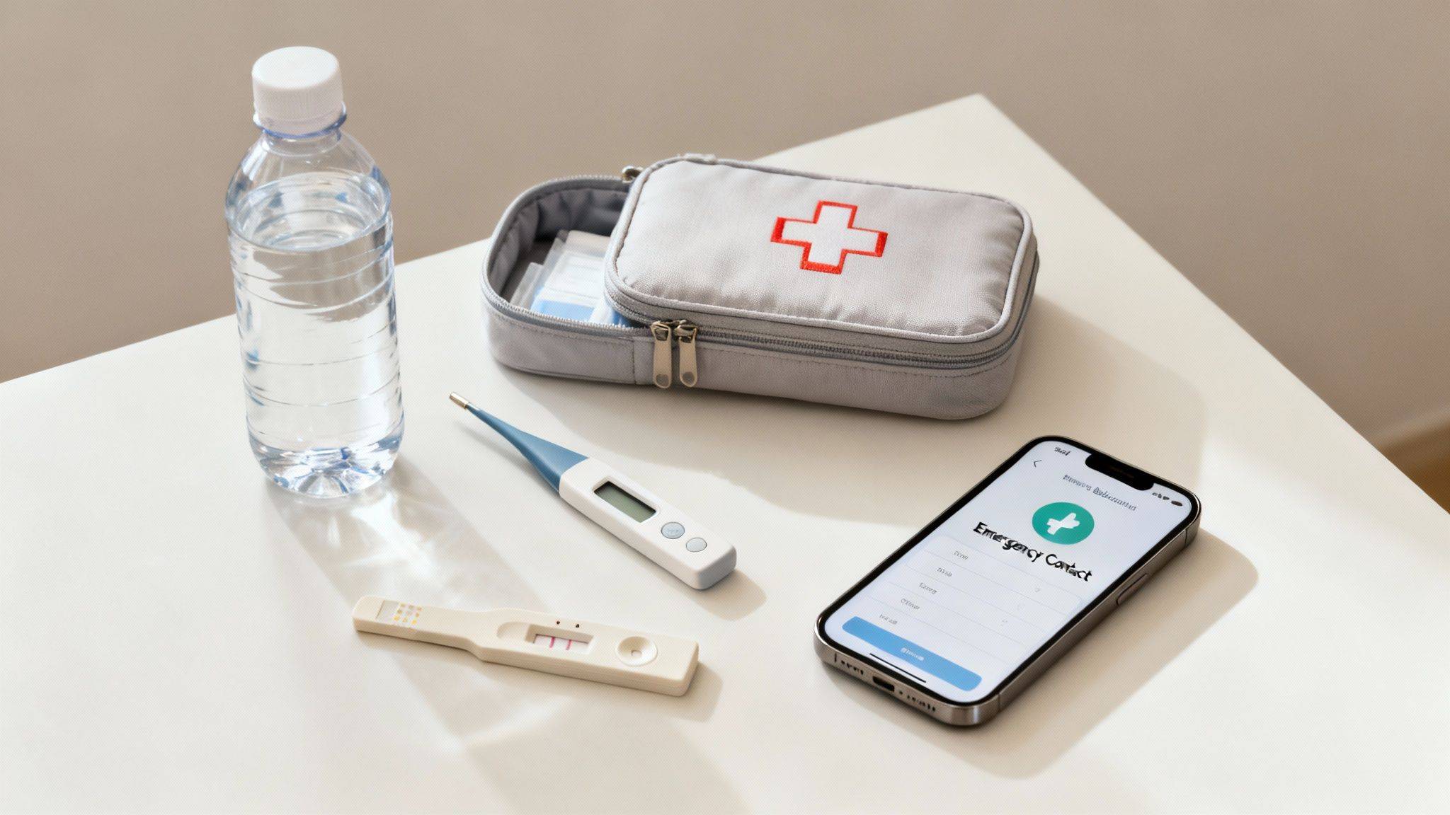 A collection of medical supplies including a first aid kit, thermometer, water bottle, test strip, and smartphone.