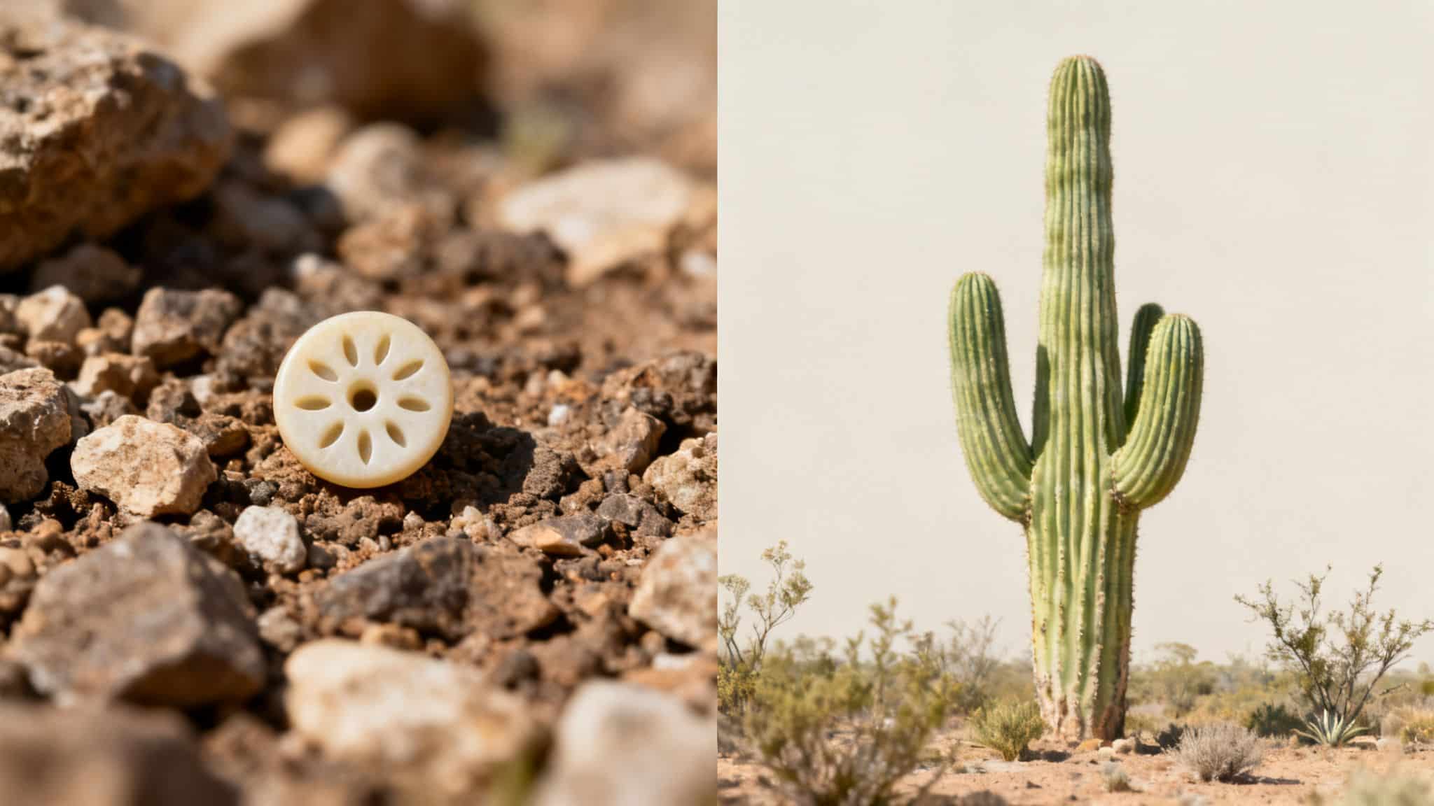 A patterned white bead on rocky ground next to a large Saguaro cactus in a desert landscape.