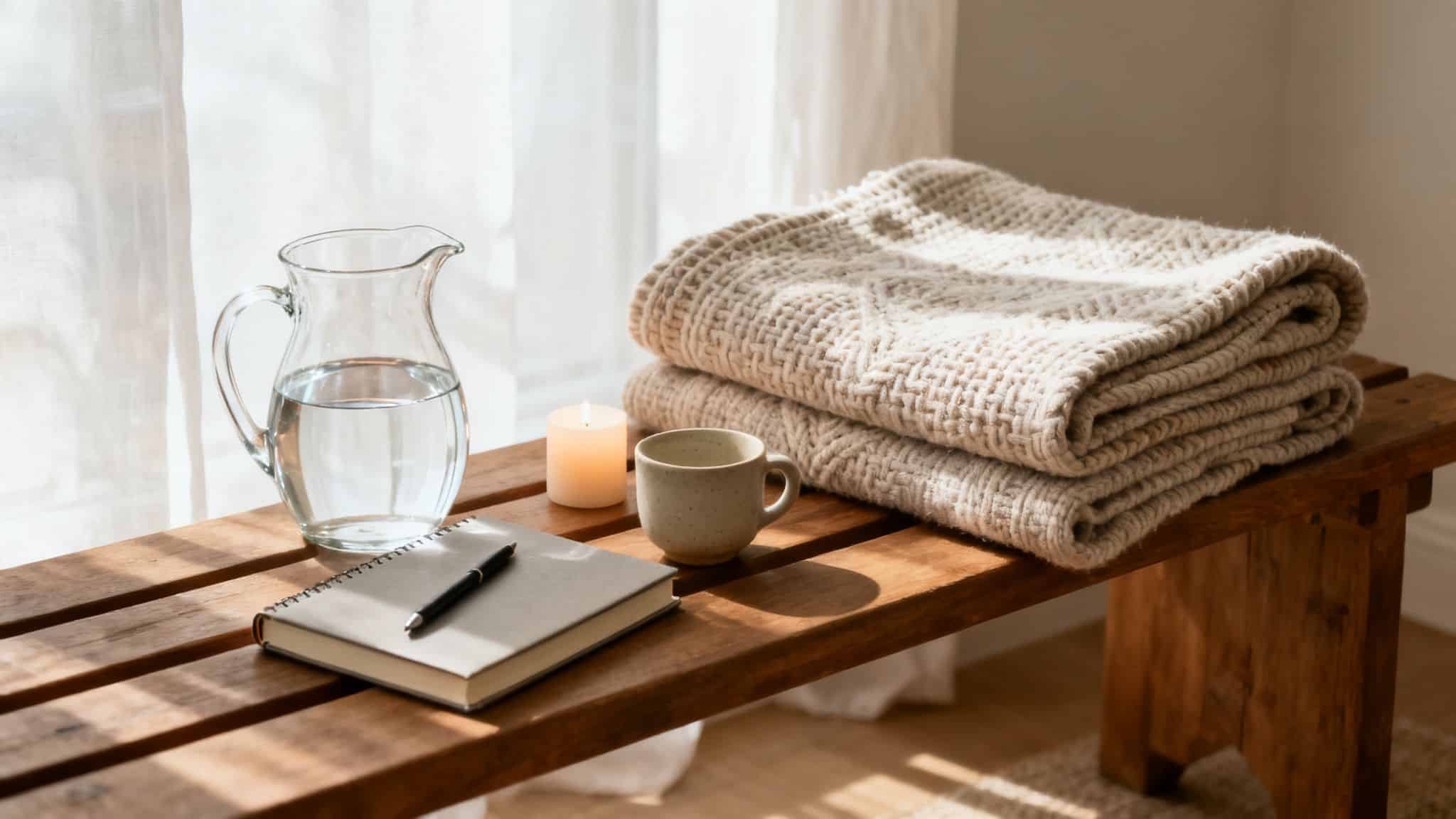 Cozy scene with a water pitcher, lit candle, mug, notebook, and folded blankets on a wooden bench.