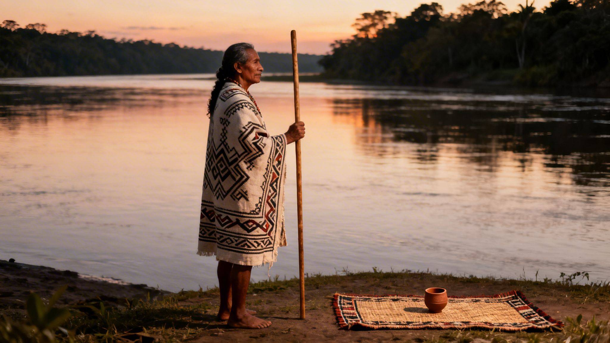 Indigenous elder in traditional poncho holding staff by a serene river at sunset. Mother Ayahuasca
