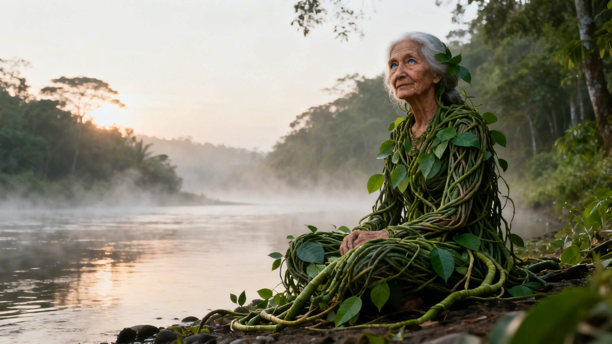 A serene elderly woman, adorned in green vines and leaves, sits by a misty jungle river at sunrise. Mother Ayahuasca