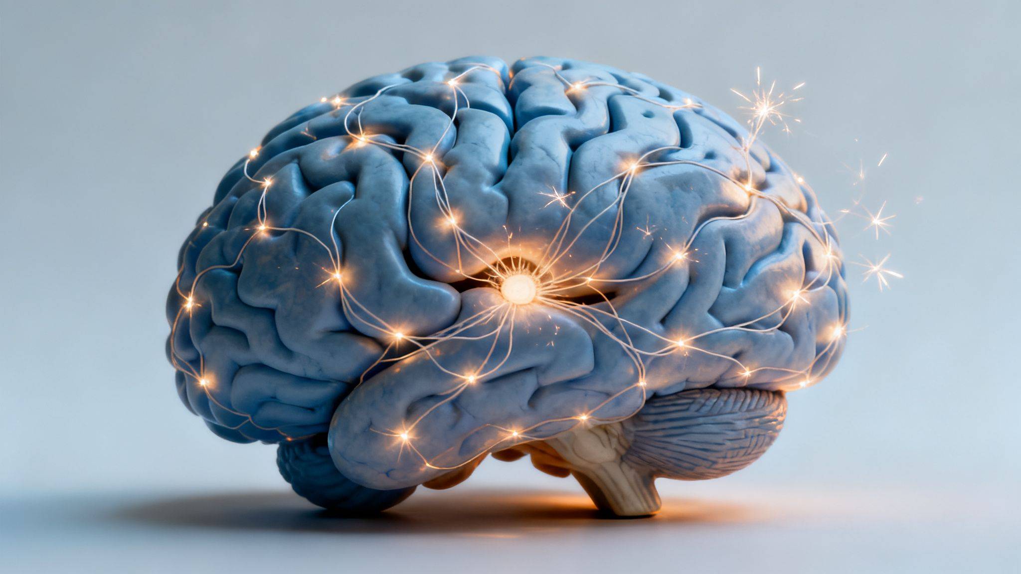 A luminous blue brain model illustrating neural networks with glowing connections and sparks.