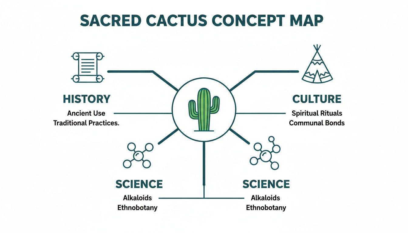 Sacred cactus concept map detailing its history, culture, and scientific properties like alkaloids and ethnobotany.