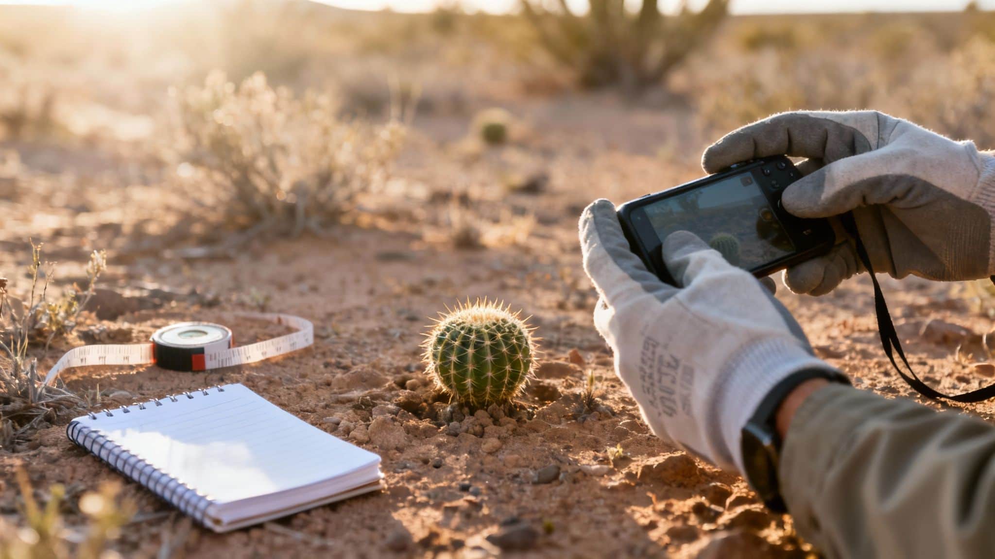 A gloved person photographs a small desert cactus with a phone, next to a measuring tape and notebook.