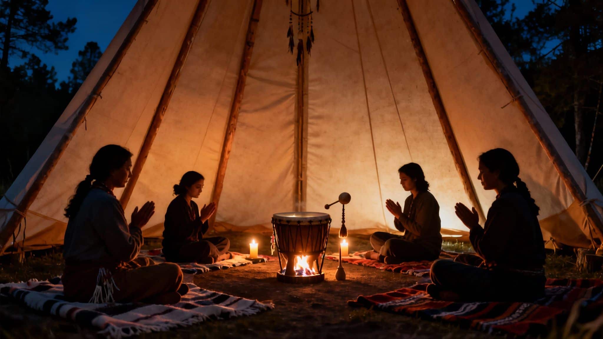Four individuals in a tipi, meditating around a central fire, drum, and candles.