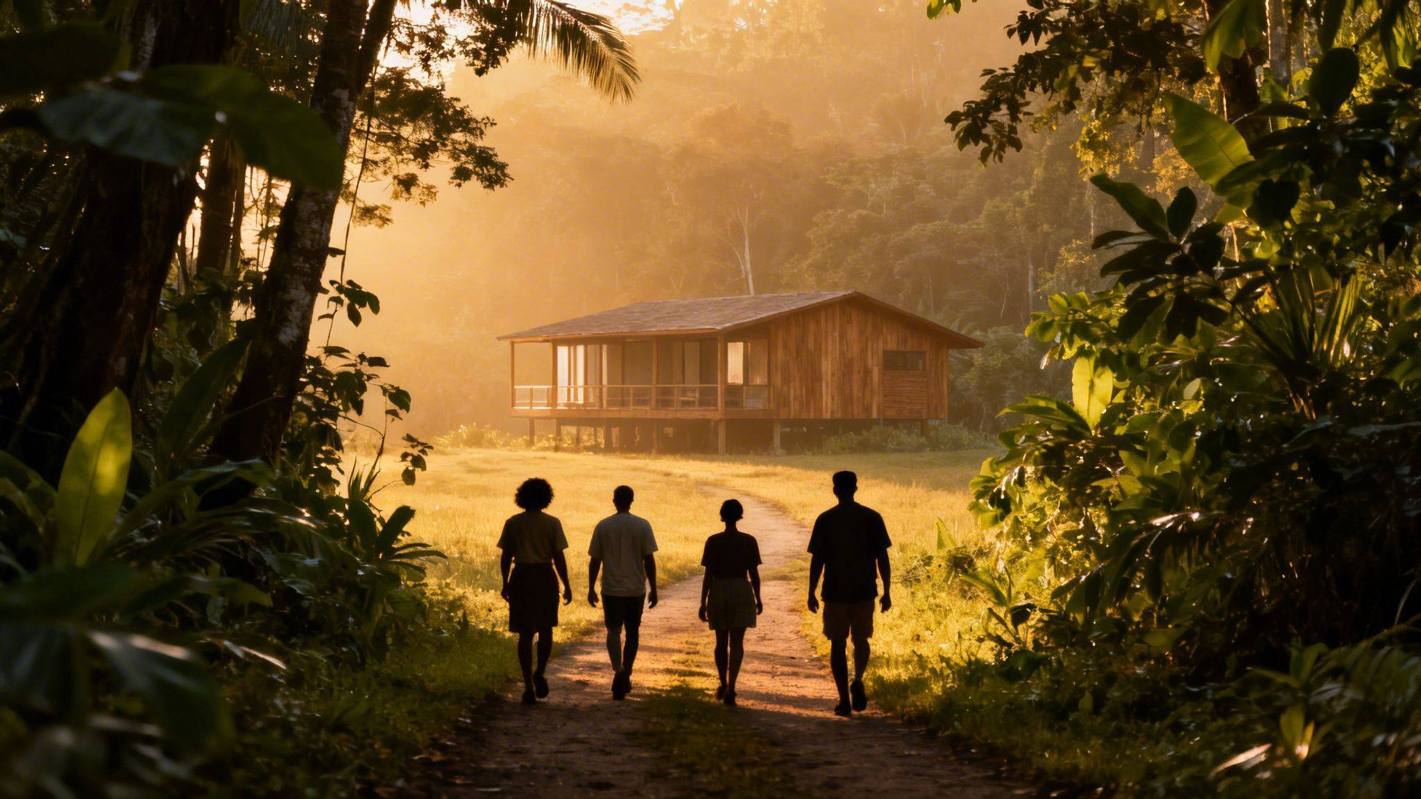 Four people walk on a sunlit path towards a rustic wooden house surrounded by lush jungle.
