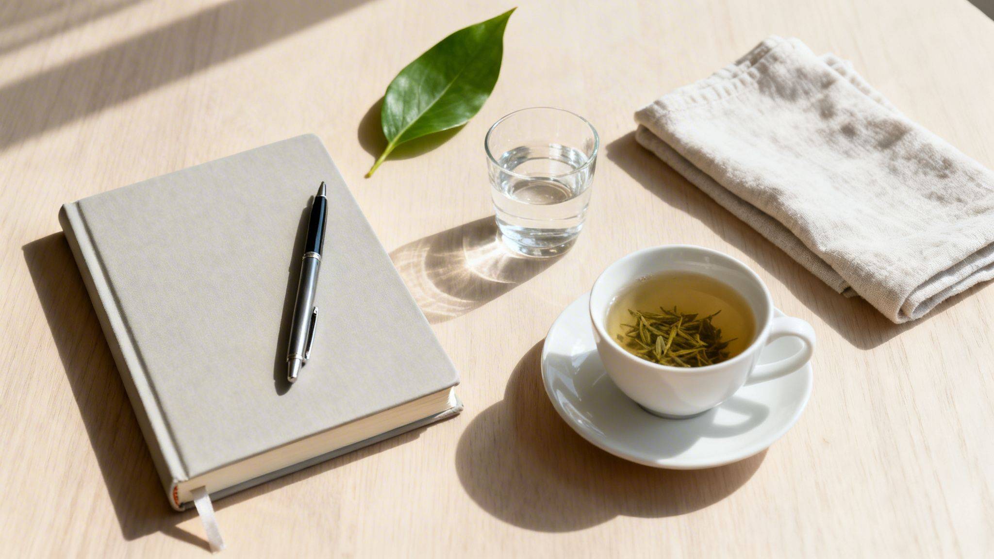 A peaceful flat lay of a notebook, pen, green tea, water, and a leaf on a wooden table.