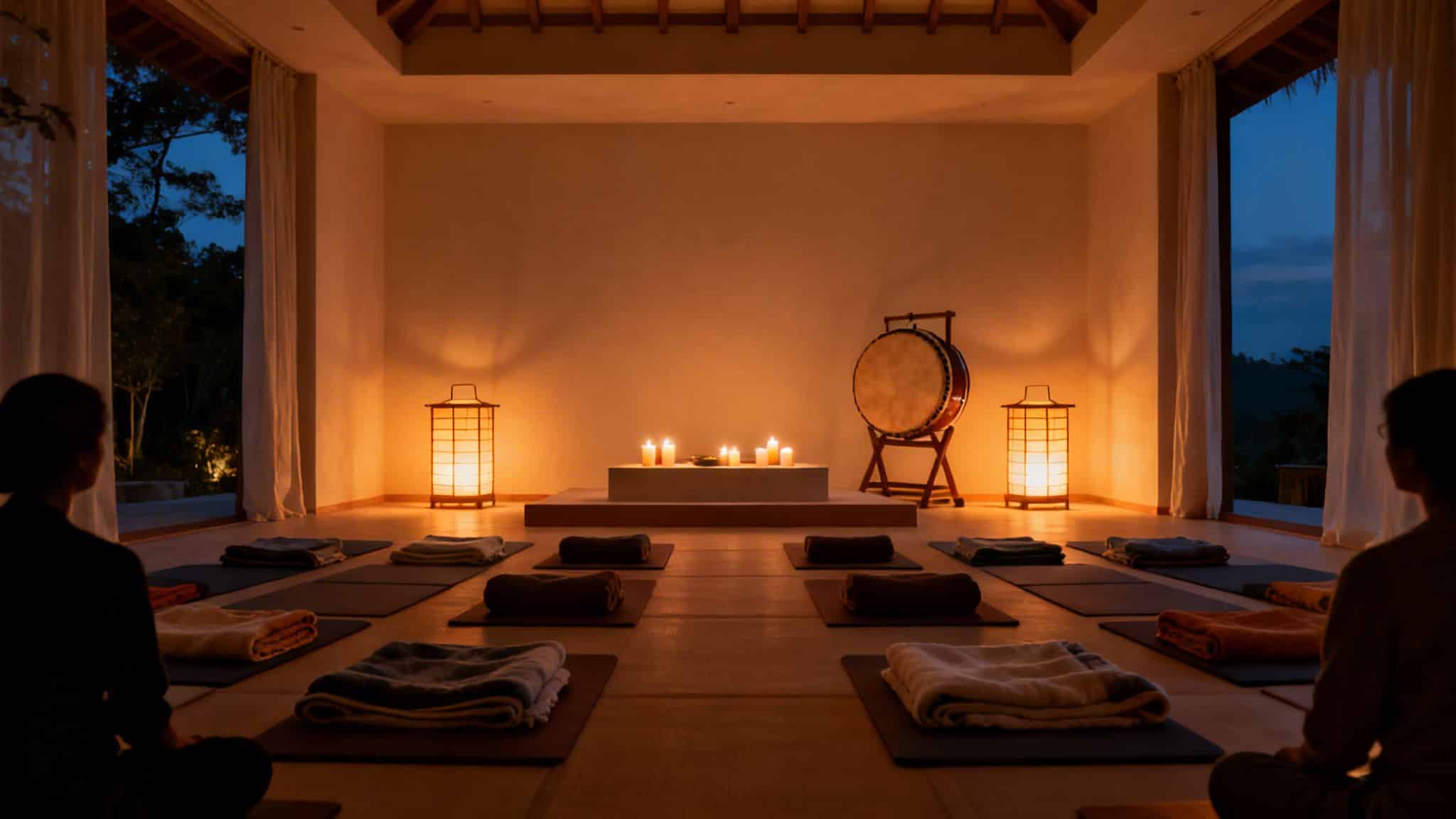 A serene meditation room with warm light from candles and lanterns, yoga mats, and a drum.